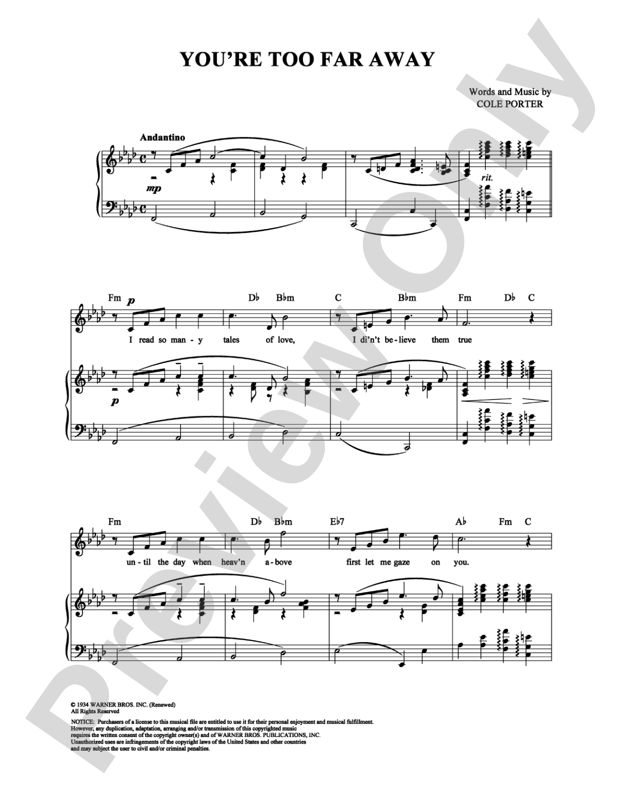 You're Too Far Away: Piano/Vocal/Chords Digital Sheet Music