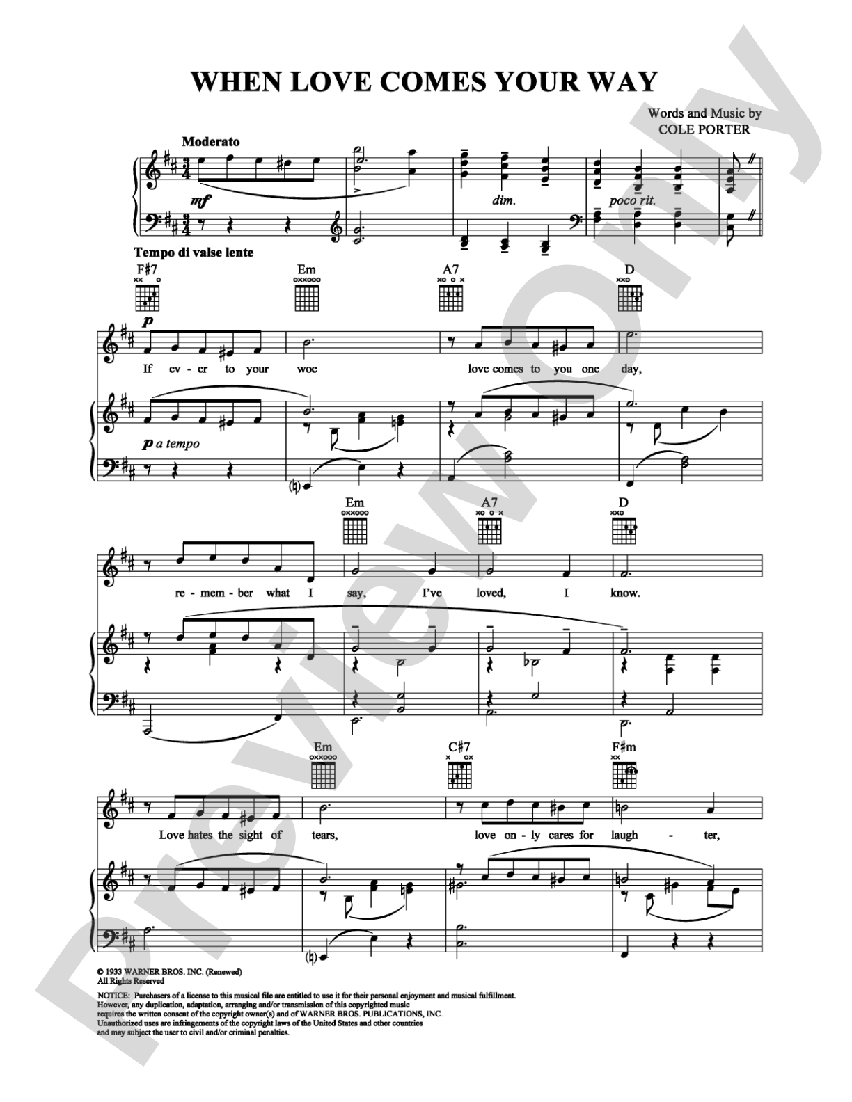 When Love Comes Your Way: Piano/Vocal/Chords Digital Sheet Music