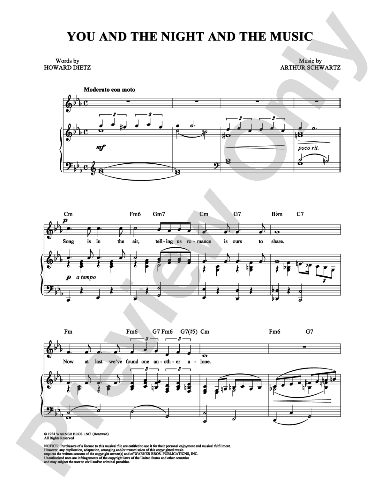 You and the Night and the Music: Piano/Vocal/Chords Digital Sheet Music
