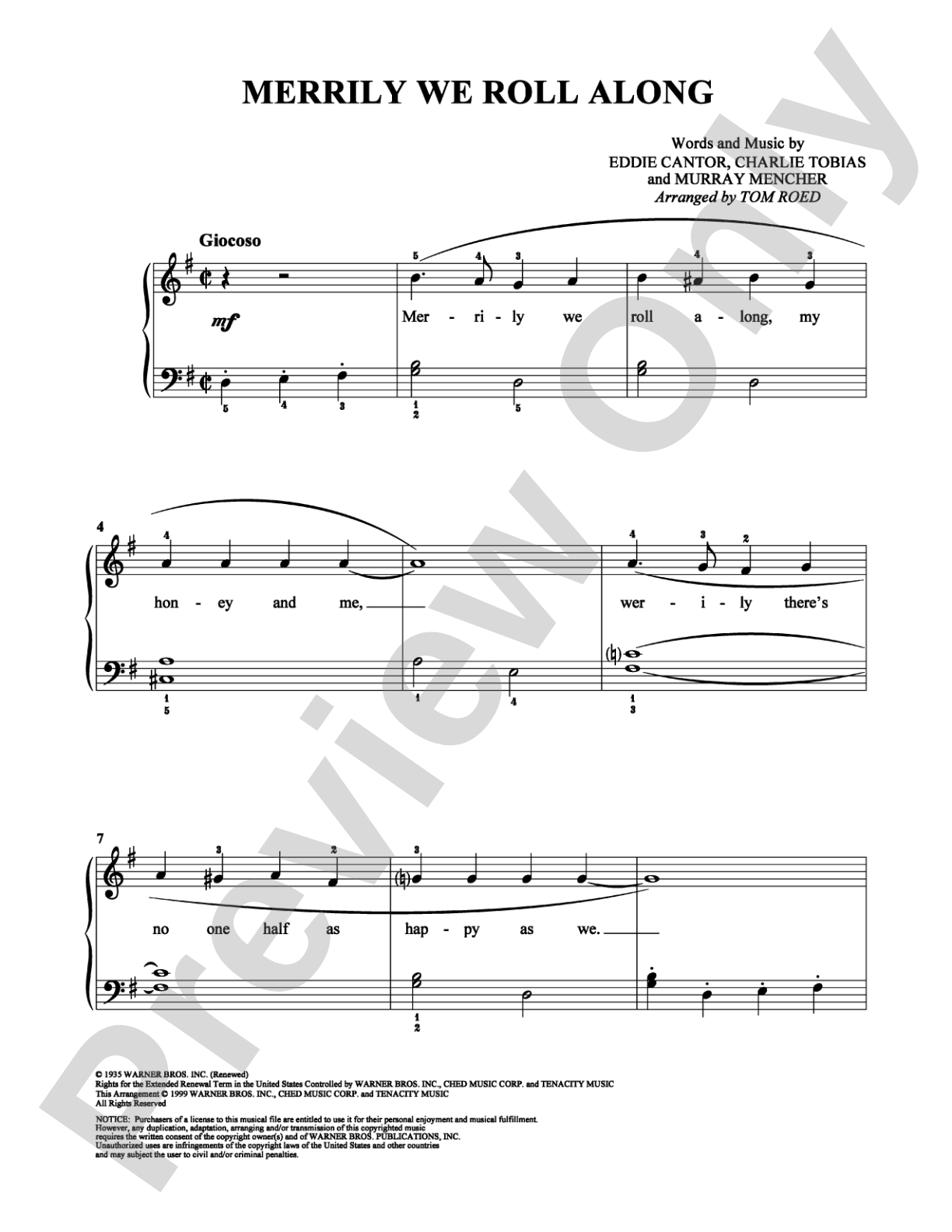 Merrily We Roll Along: Easy Piano Digital Sheet Music