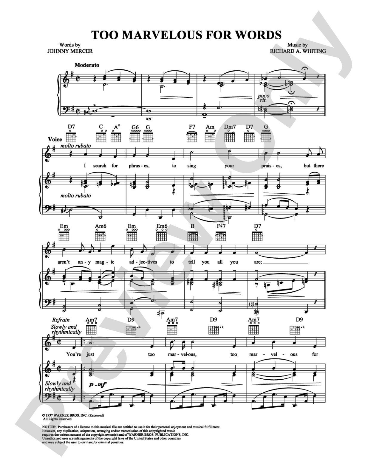Too Marvelous for Words: Piano/Vocal/Chords Digital Sheet Music