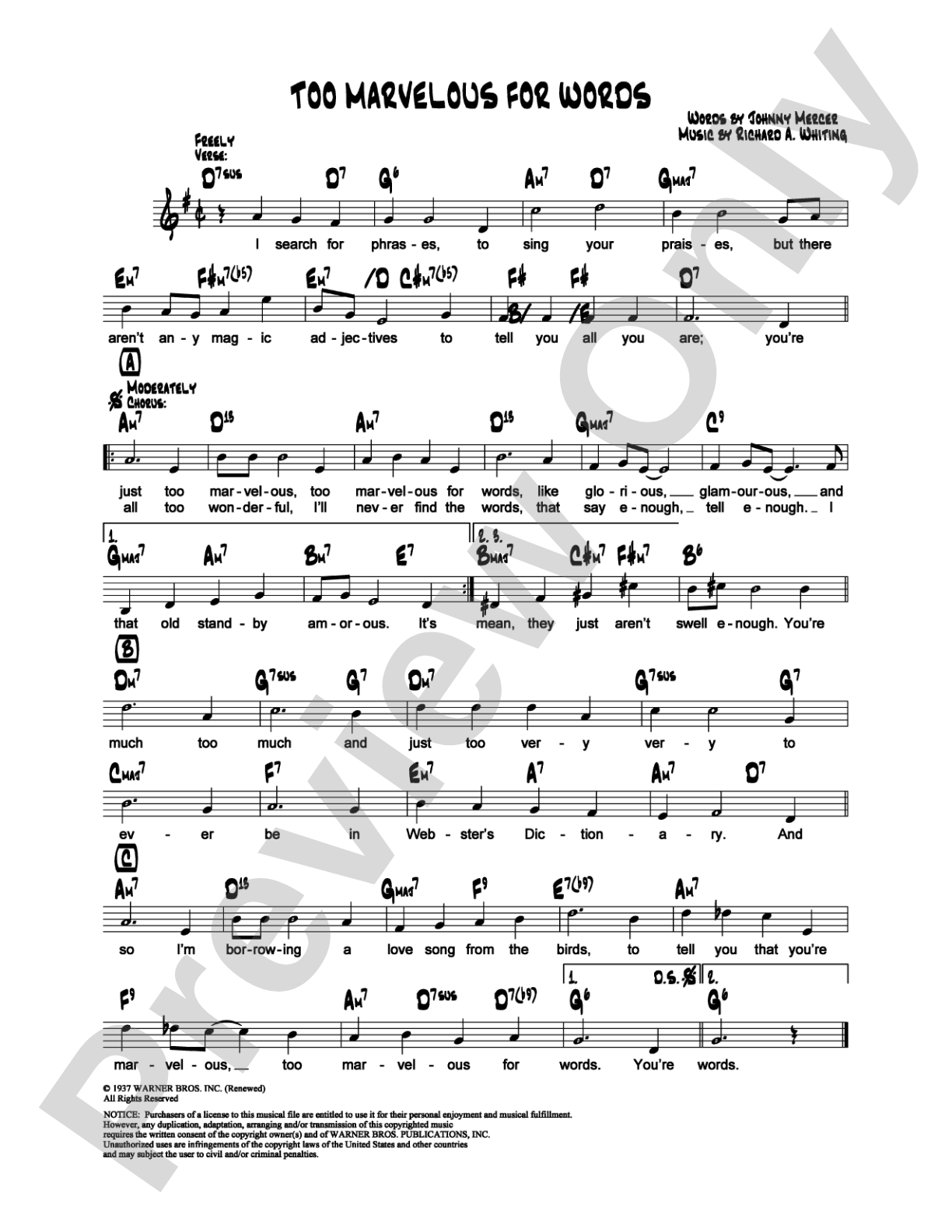 Too Marvelous for Words: Lead Sheet Digital Sheet Music
