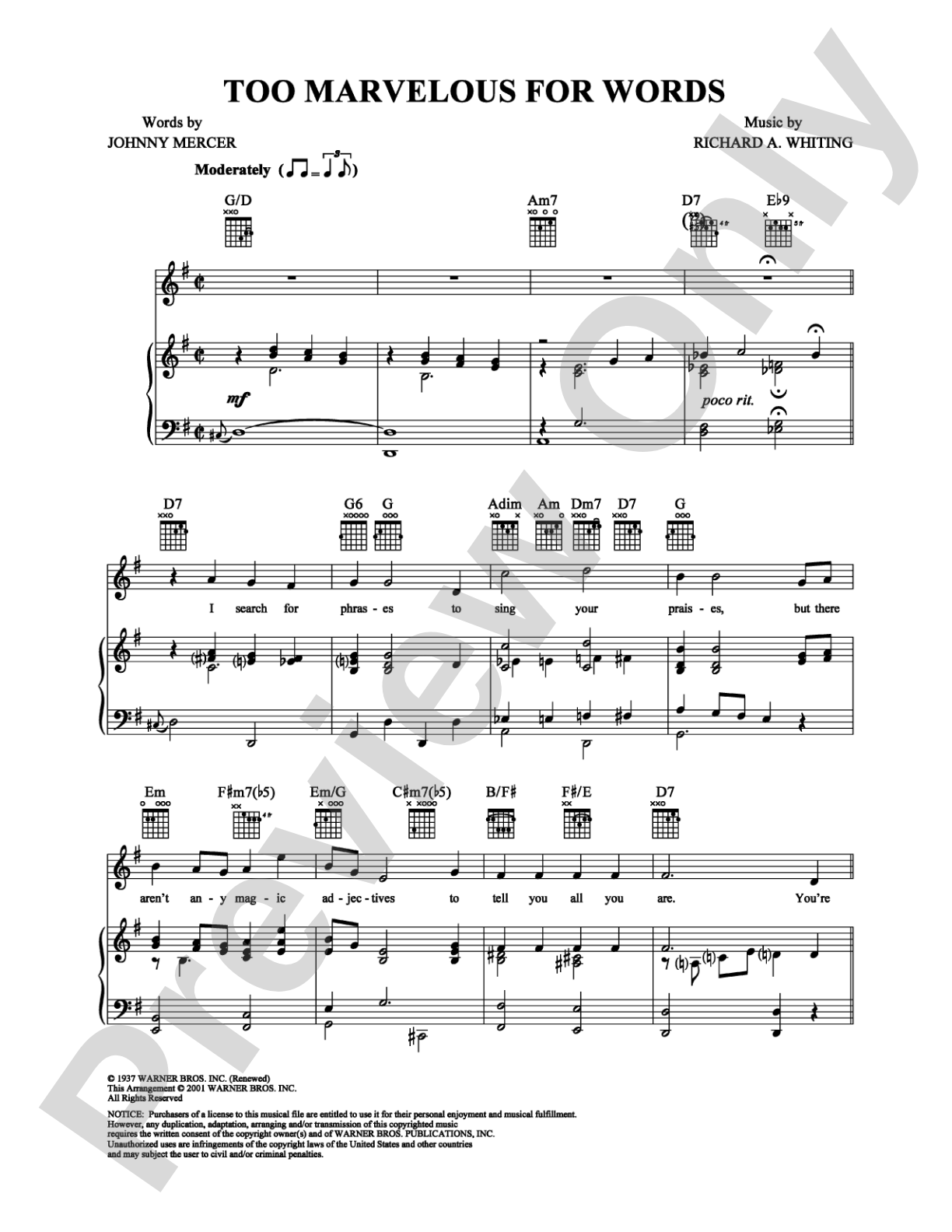 Too Marvelous for Words: Piano/Vocal/Chords Digital Sheet Music