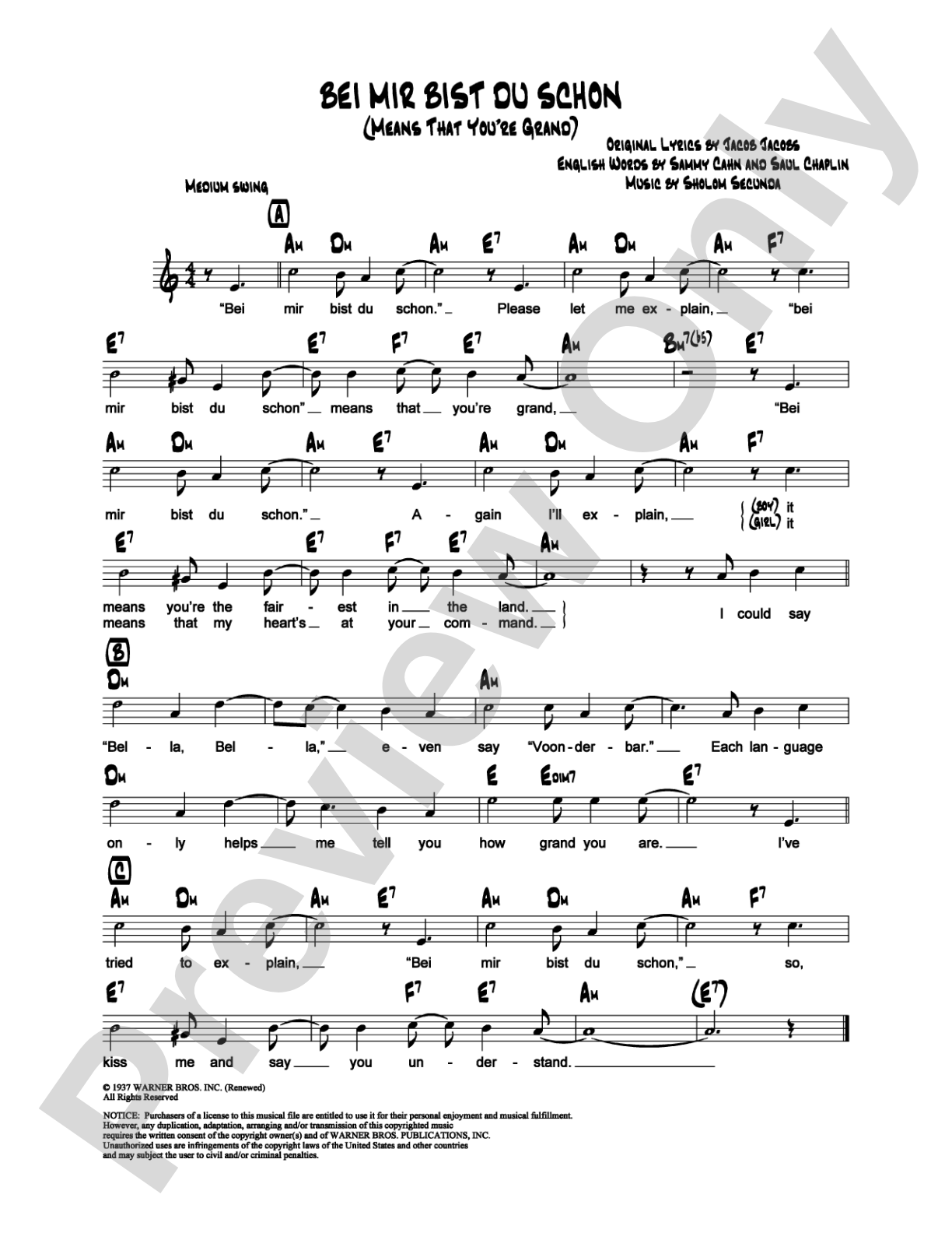 Bei Mir Bist Du Schon (Means that You're Grand): Lead Sheet Digital Sheet Music
