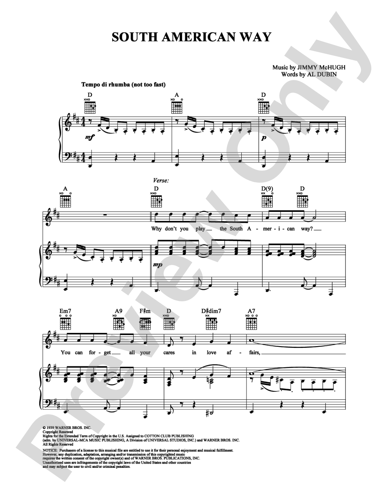 South American Way: Piano/Vocal/Chords Digital Sheet Music