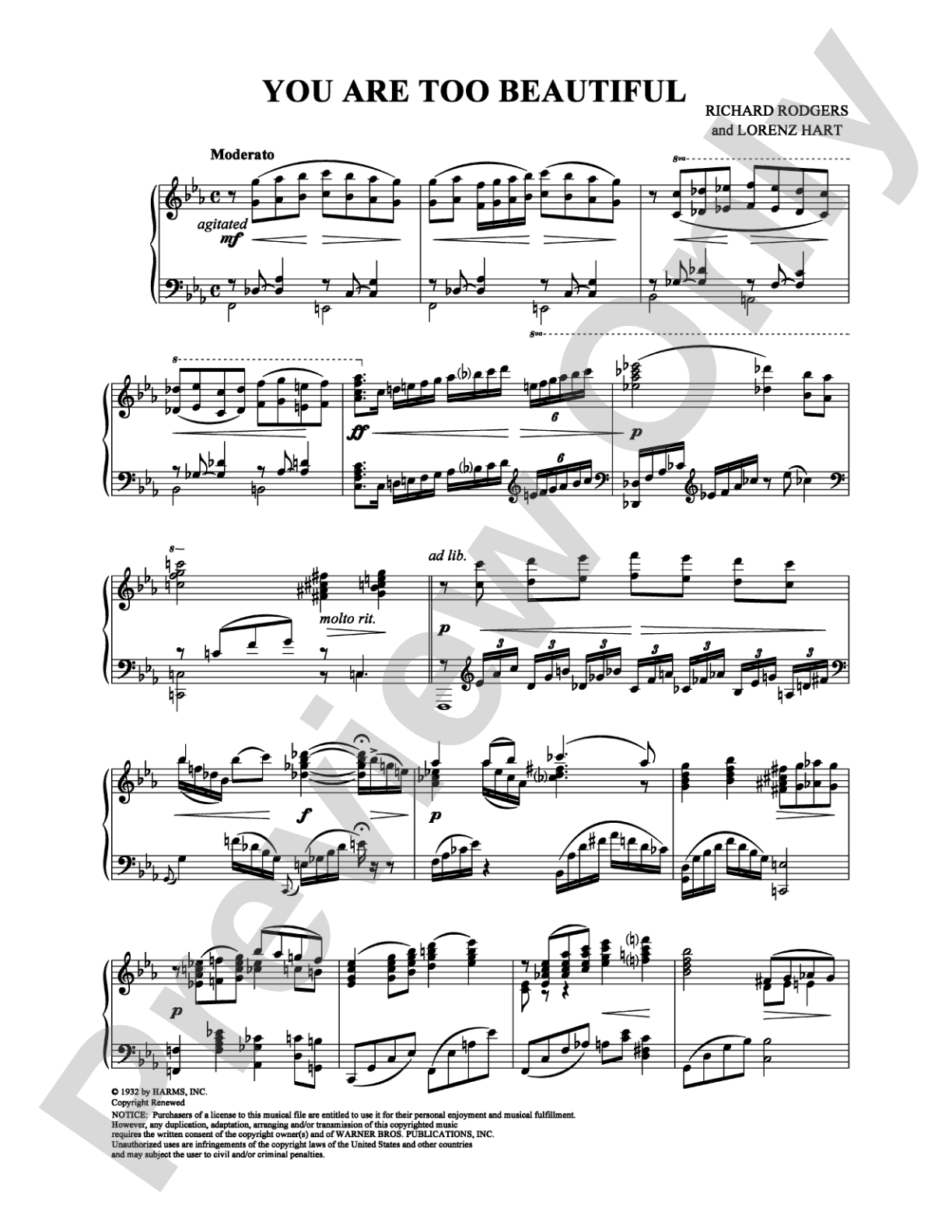 You Are Too Beautiful: Piano Digital Sheet Music