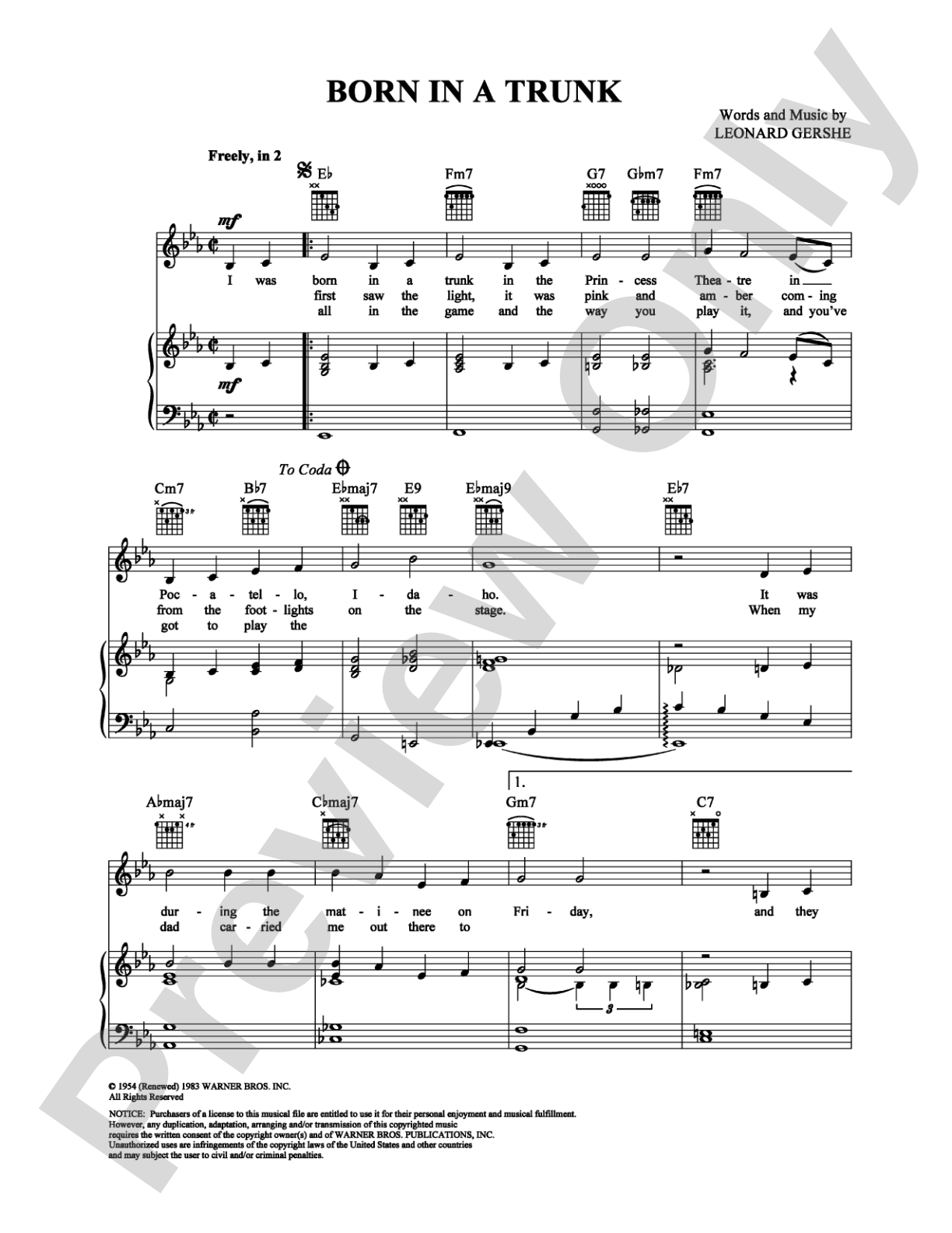 Born in a Trunk: Piano/Vocal/Chords Digital Sheet Music
