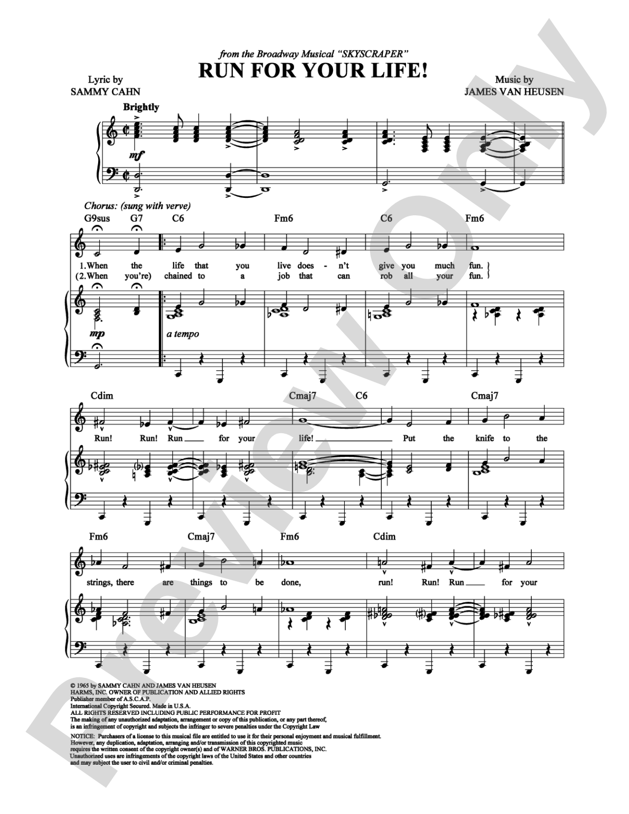 Run for Your Life: Piano/Vocal/Chords Digital Sheet Music