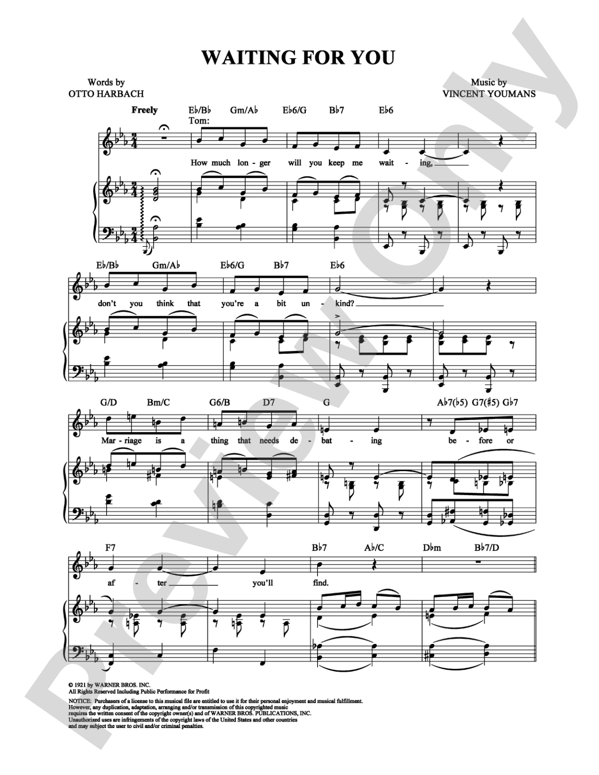 Waiting for You: Piano/Vocal/Chords Digital Sheet Music
