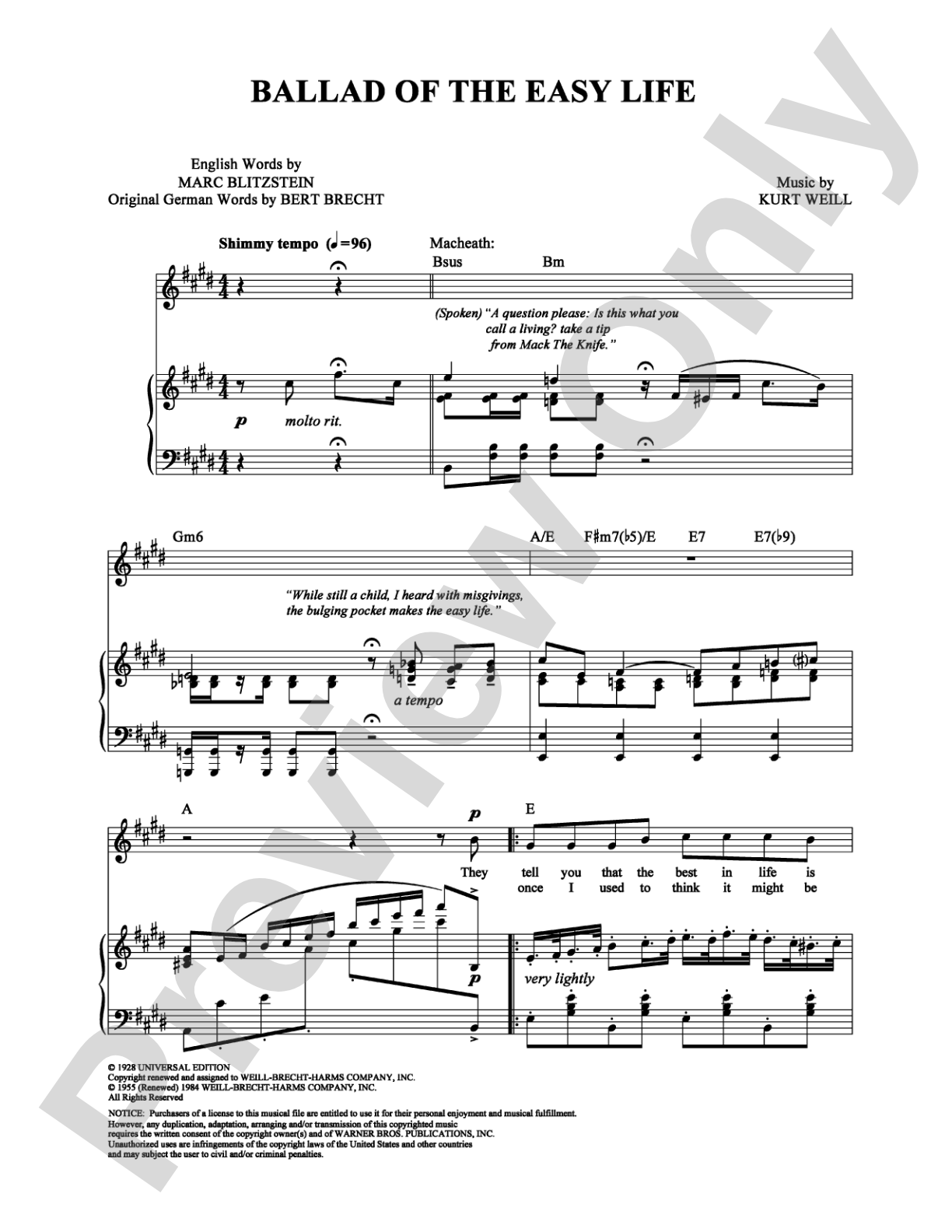 Ballad of the Easy Life: Piano/Vocal/Chords Digital Sheet Music