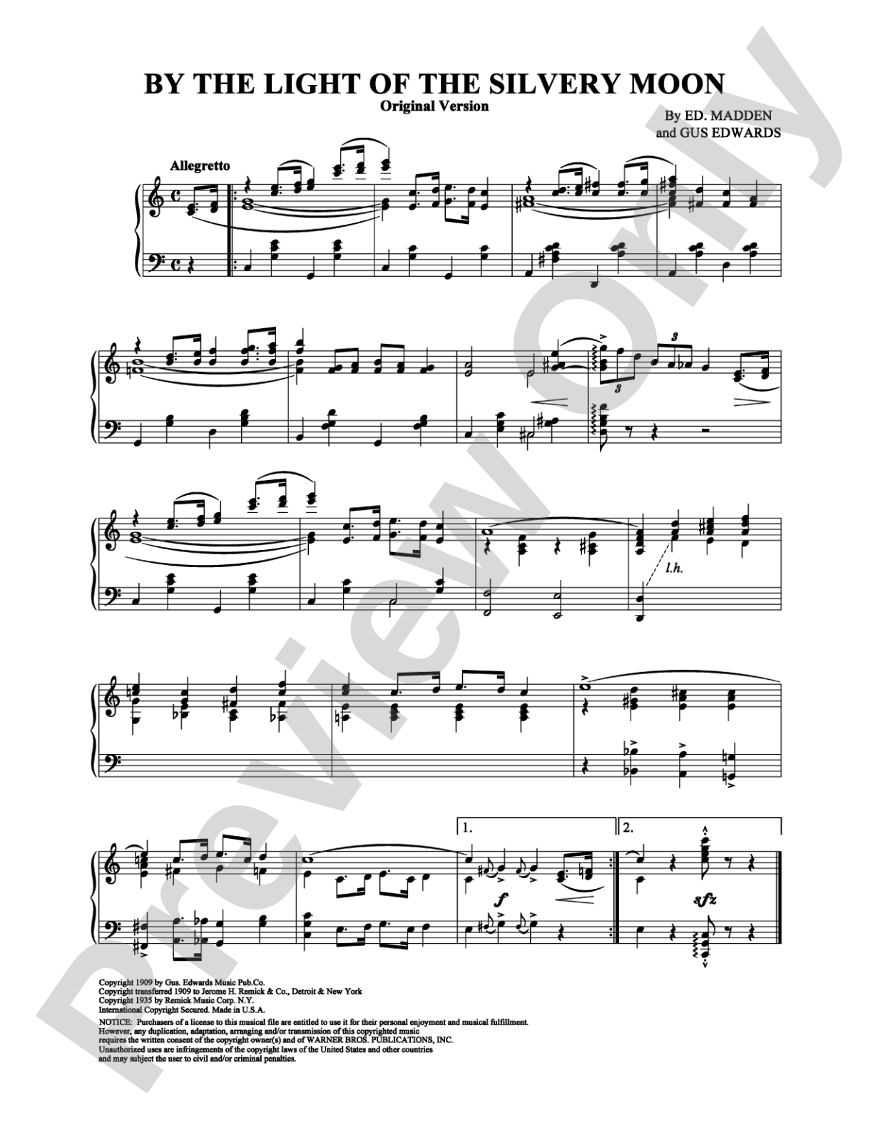 By the Light of the Silvery Moon (Original): Piano Digital Sheet Music