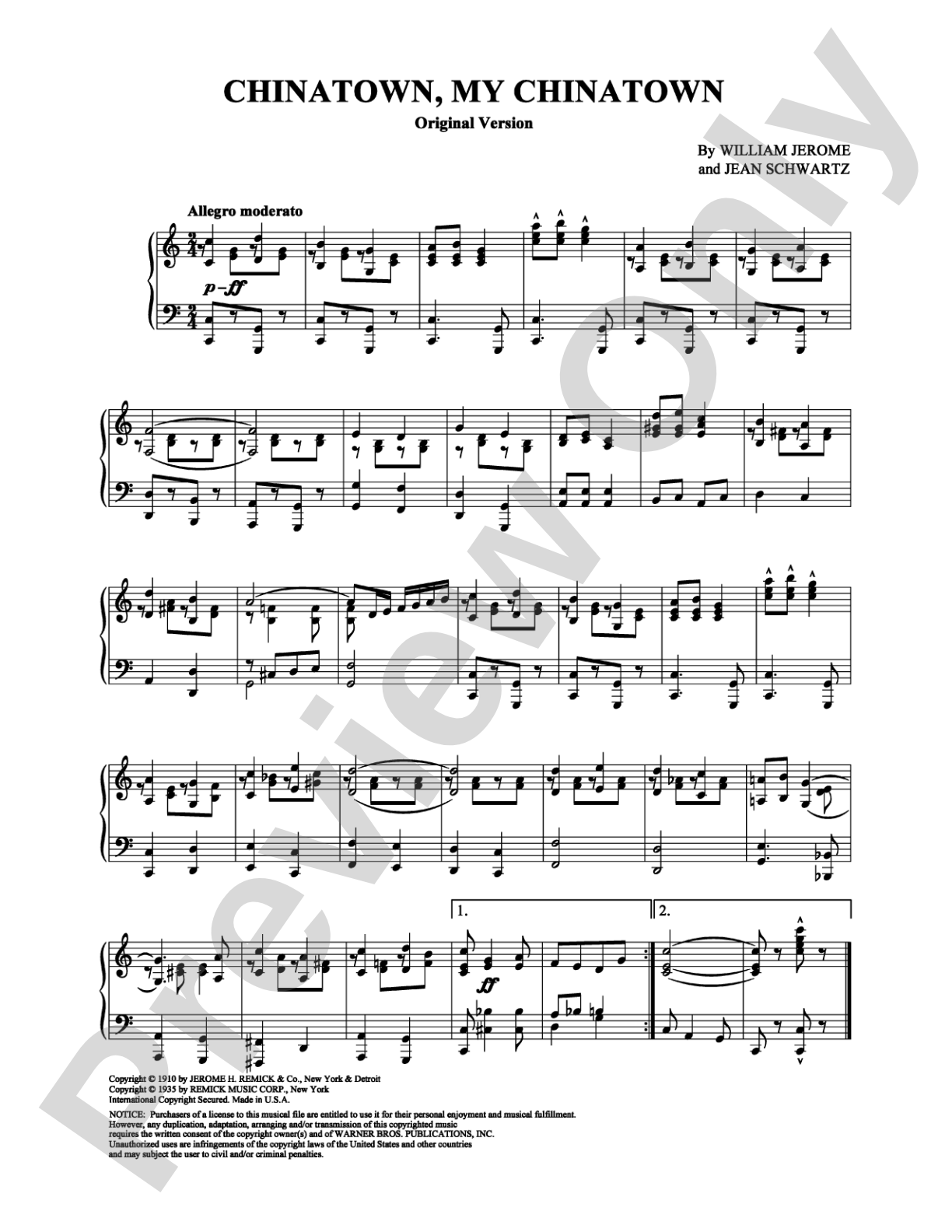 Chinatown, My Chinatown (Original): Piano Digital Sheet Music