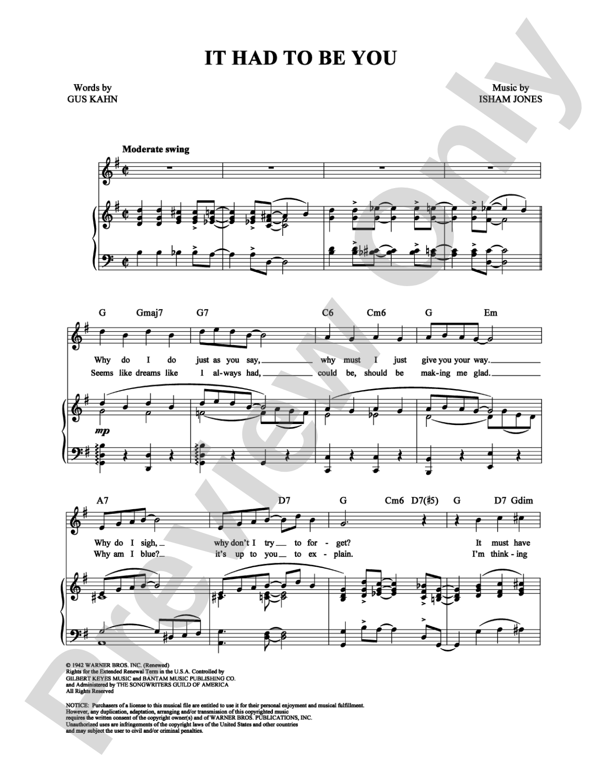It Had To Be You: Piano/Vocal/Chords Digital Sheet Music