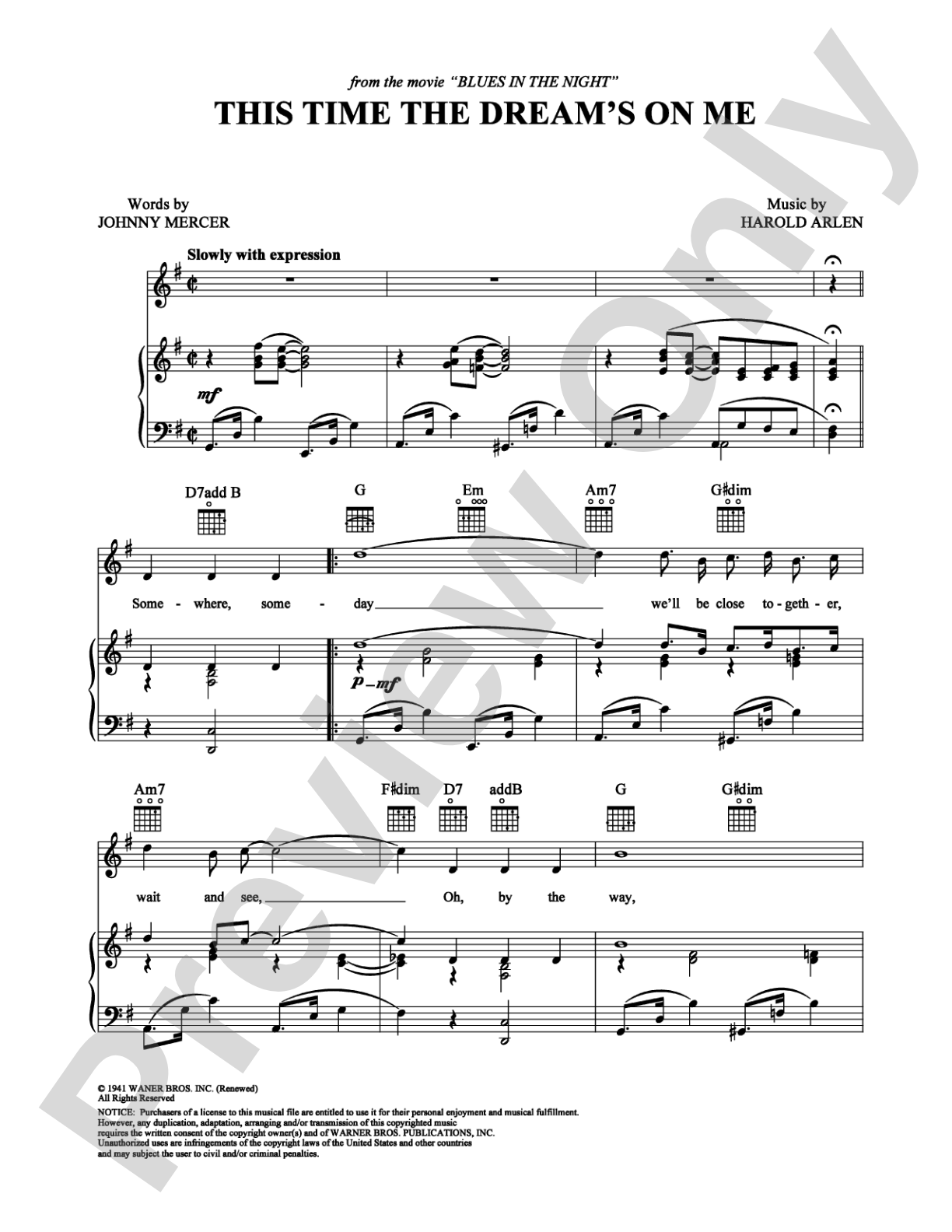 This Time the Dream's On Me: Piano/Vocal/Chords Digital Sheet Music