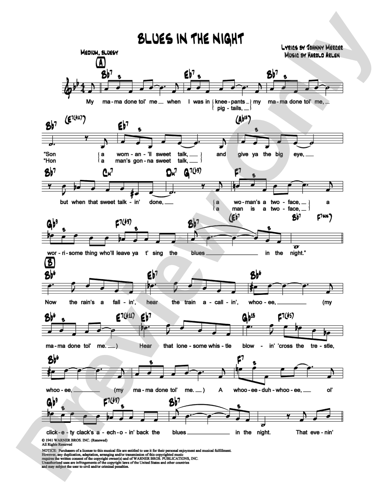Blues in the Night: Lead Sheet Digital Sheet Music