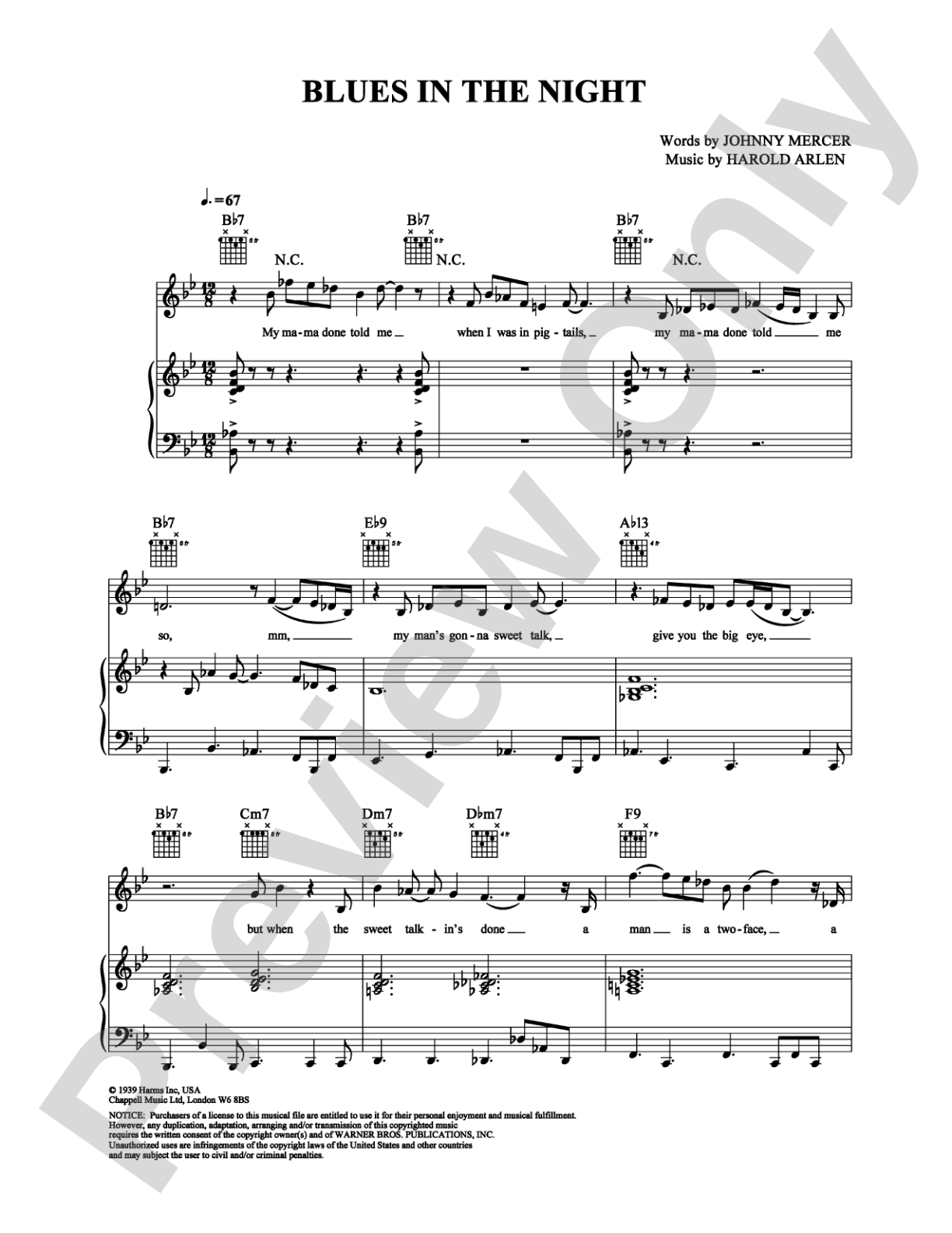 Blues in the Night: Piano/Vocal/Chords Digital Sheet Music