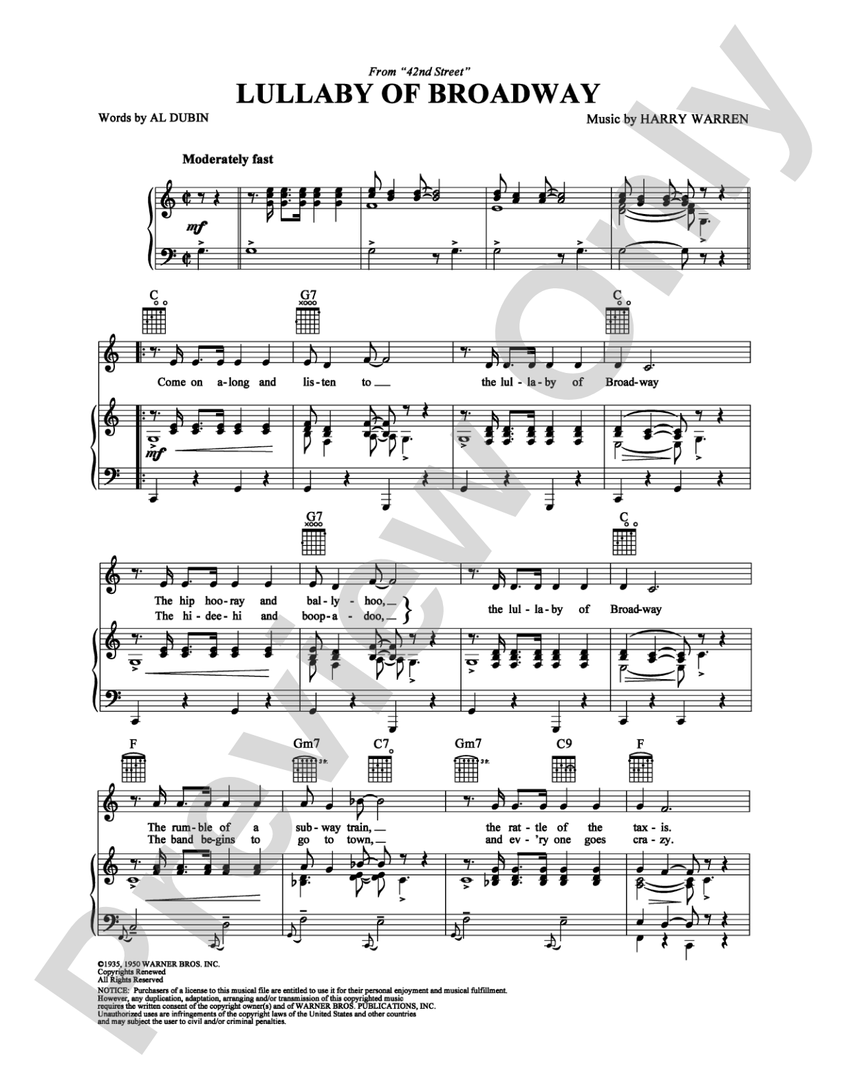 Lullaby Of Broadway: Piano/Vocal/Chords Digital Sheet Music
