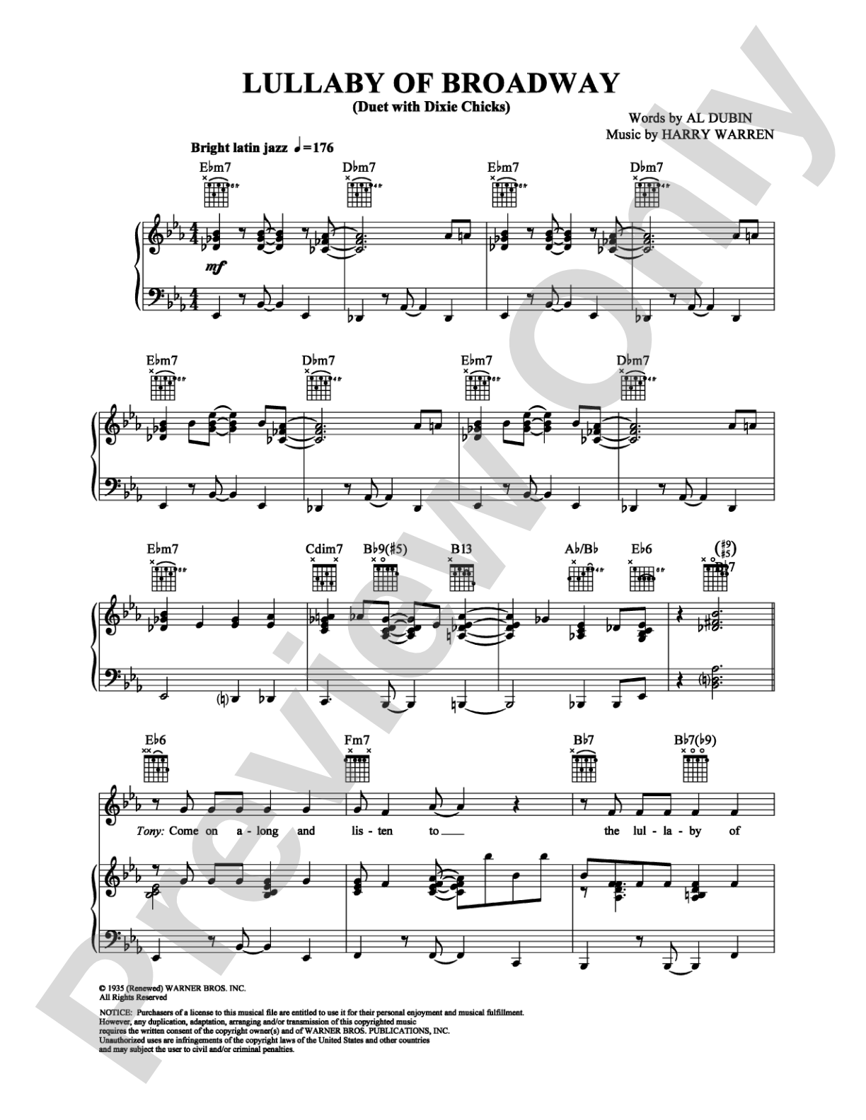 Lullaby of Broadway: Piano/Vocal/Chords Digital Sheet Music