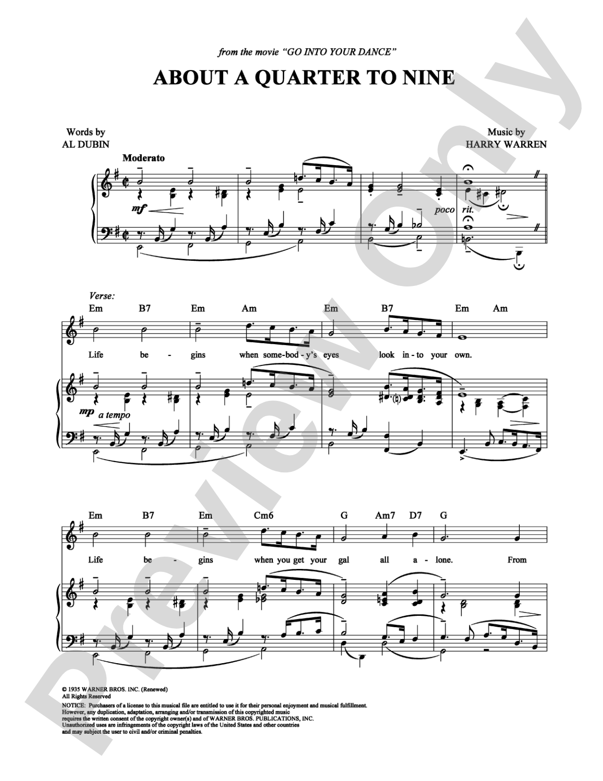 About a Quarter to Nine: Piano/Vocal/Chords Digital Sheet Music