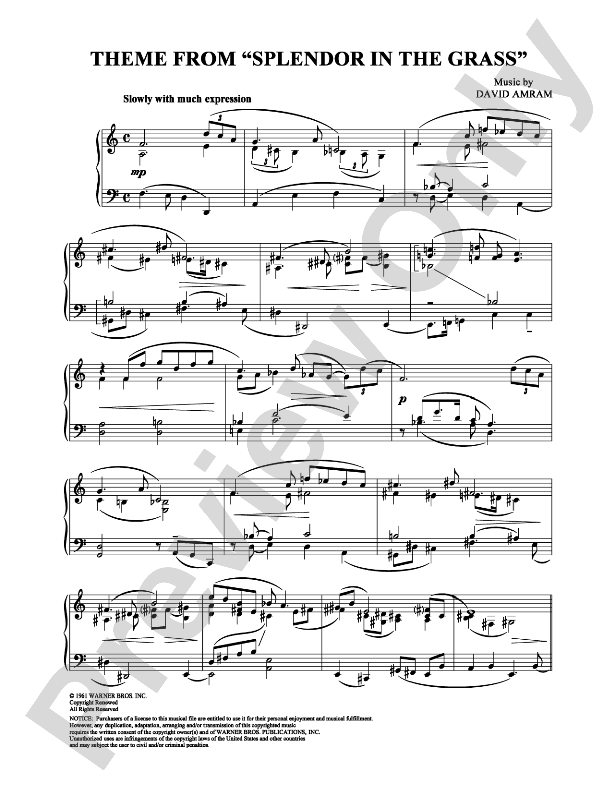 Splendor in the Grass  (Main Theme): Piano Digital Sheet Music