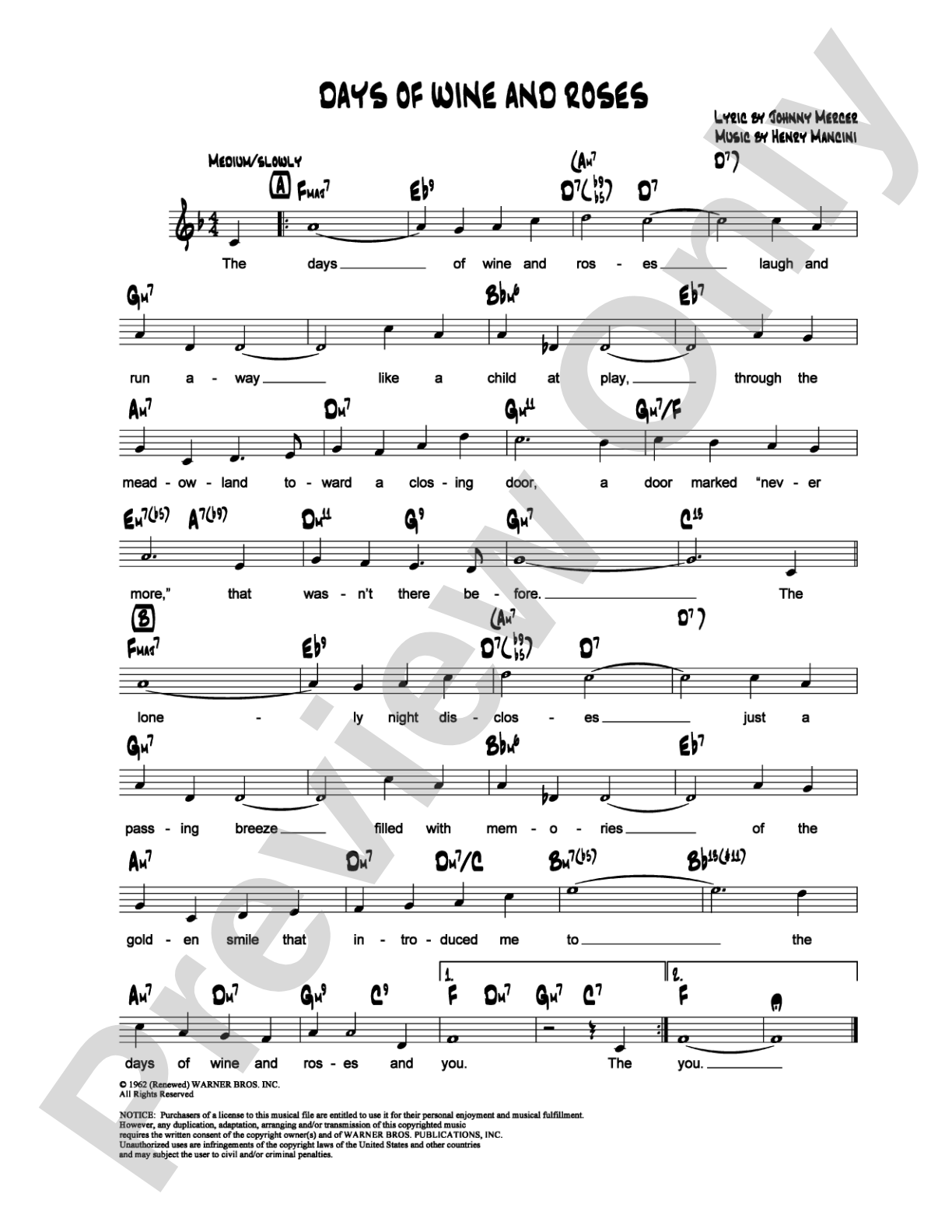 Days of Wine and Roses: Lead Sheet Digital Sheet Music