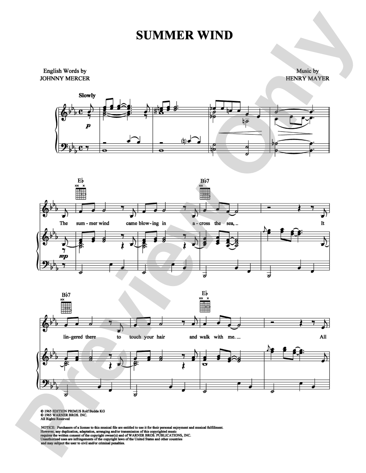 Summer Wind: Piano/Vocal/Chords Digital Sheet Music
