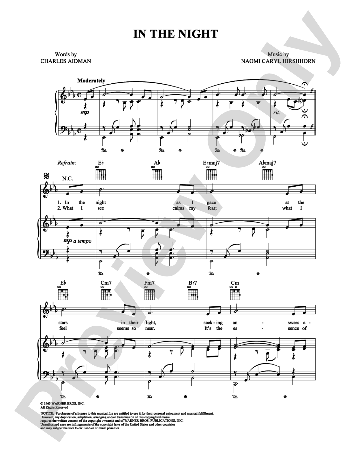 In the Night: Piano/Vocal/Chords Digital Sheet Music