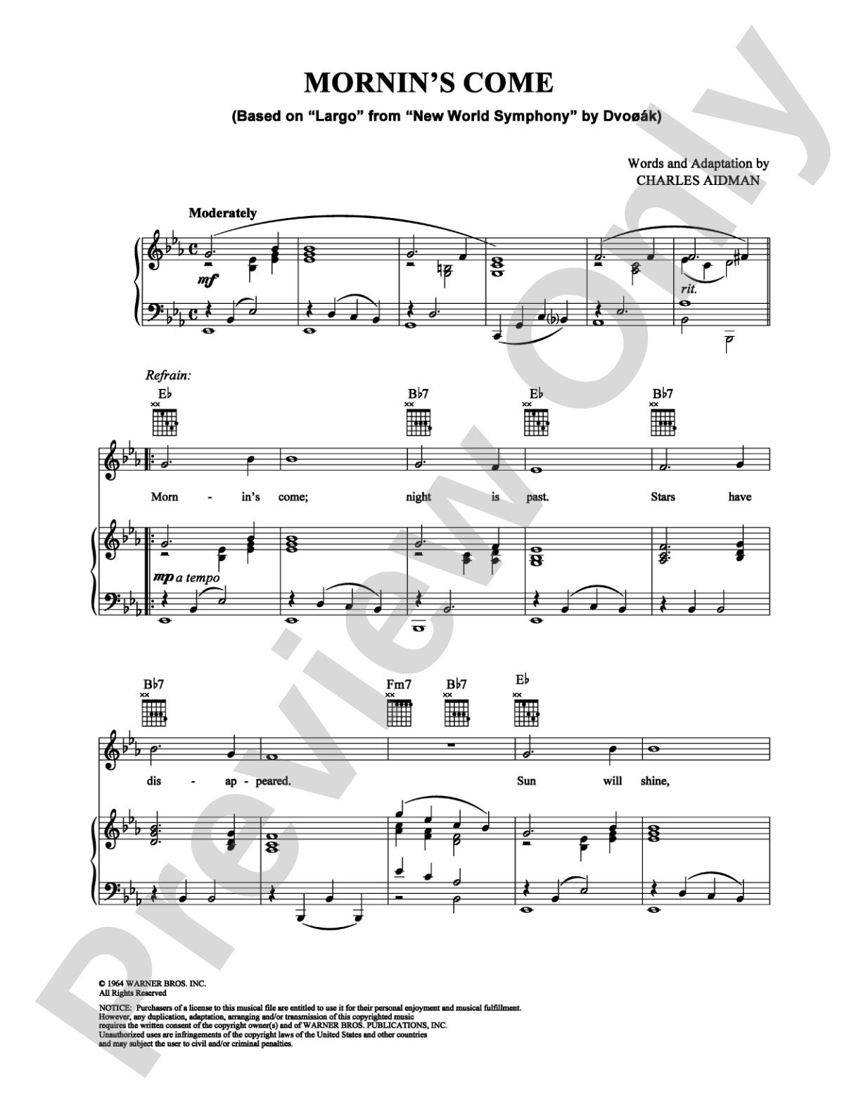 Mornin's Come: Piano/Vocal/Chords Digital Sheet Music