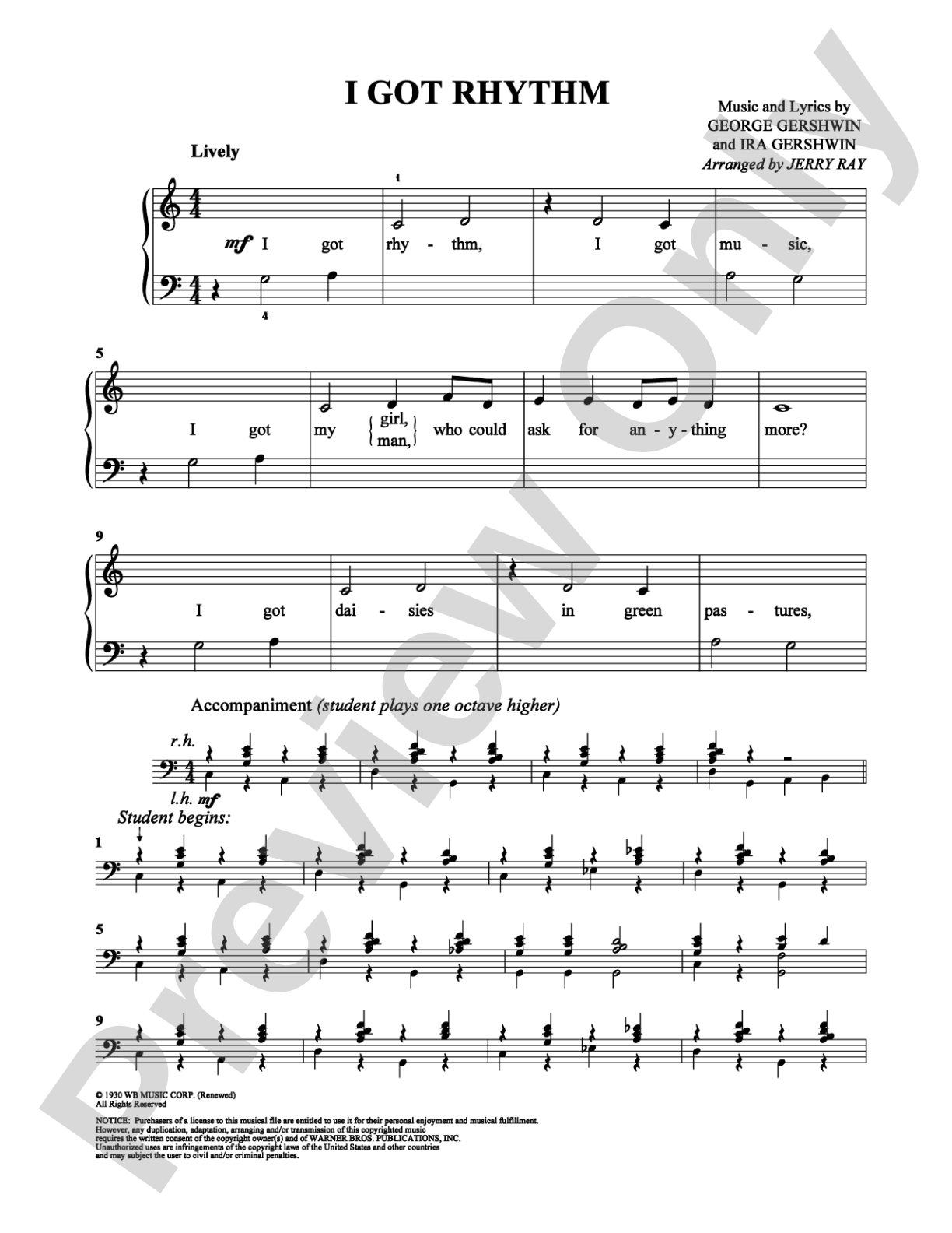 I Got Rhythm: Easy Piano Digital Sheet Music