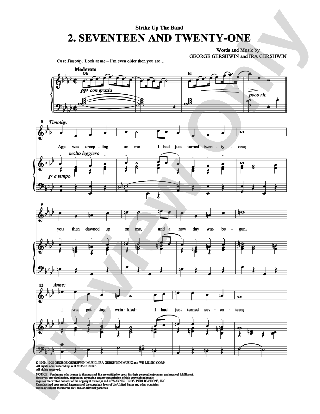 Seventeen and Twenty-One: Piano/Vocal/Chords Digital Sheet Music
