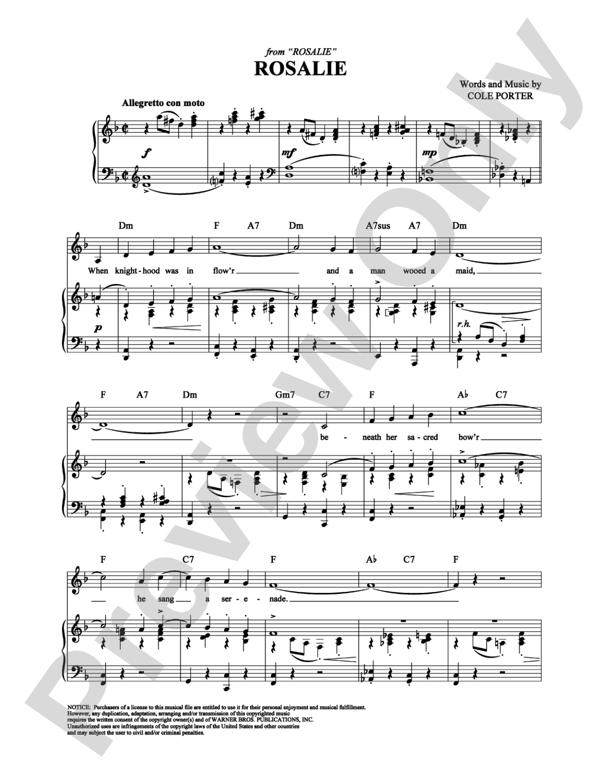 Rosalie: Piano/Vocal/Chords Digital Sheet Music