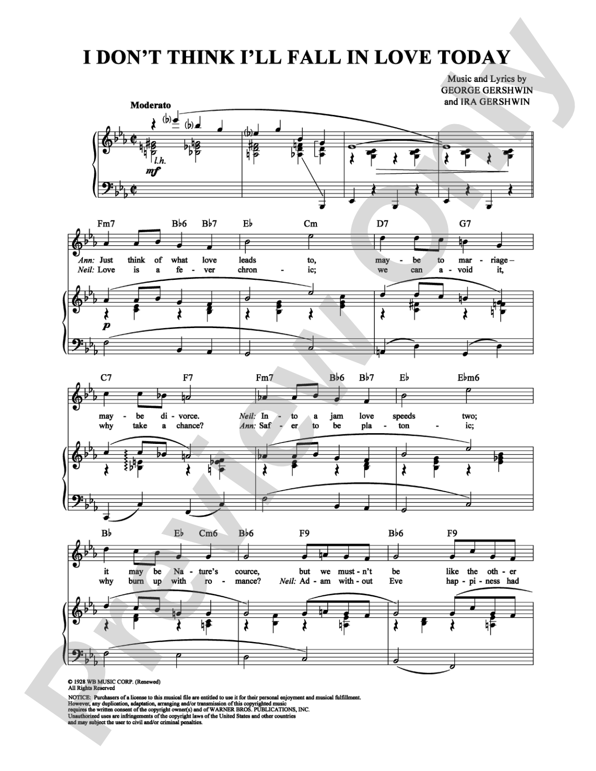 I Don't Think I'll Fall in Love Today: Piano/Vocal/Chords Digital Sheet Music