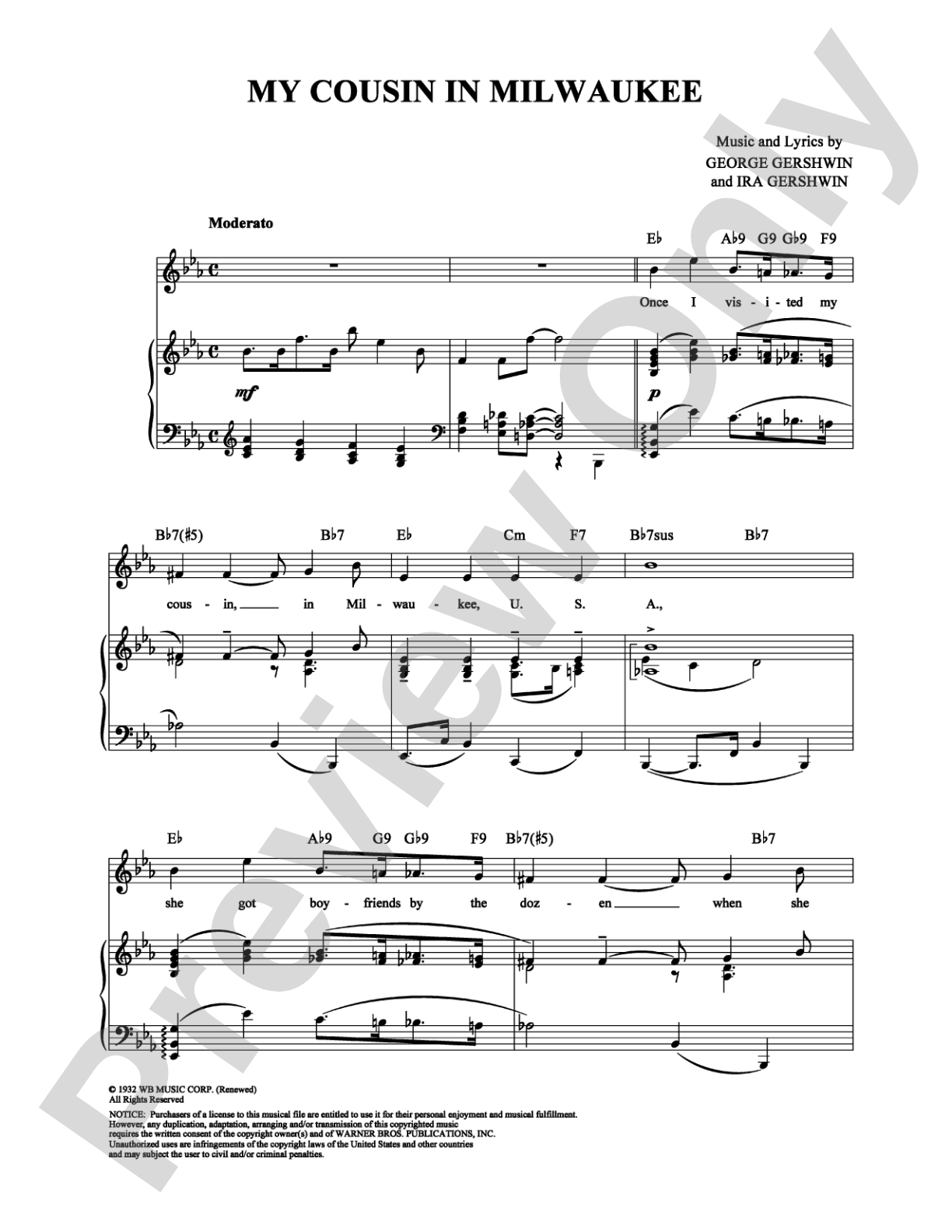 My Cousin in Milwaukee: Piano/Vocal/Chords Digital Sheet Music
