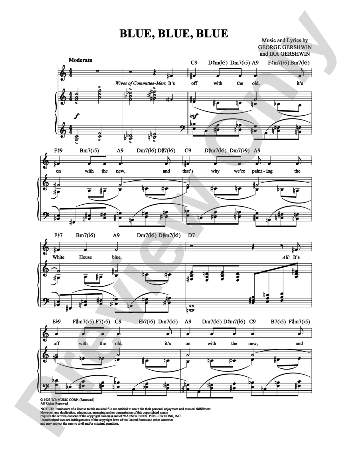 Blue, Blue, Blue: Piano/Vocal/Chords Digital Sheet Music