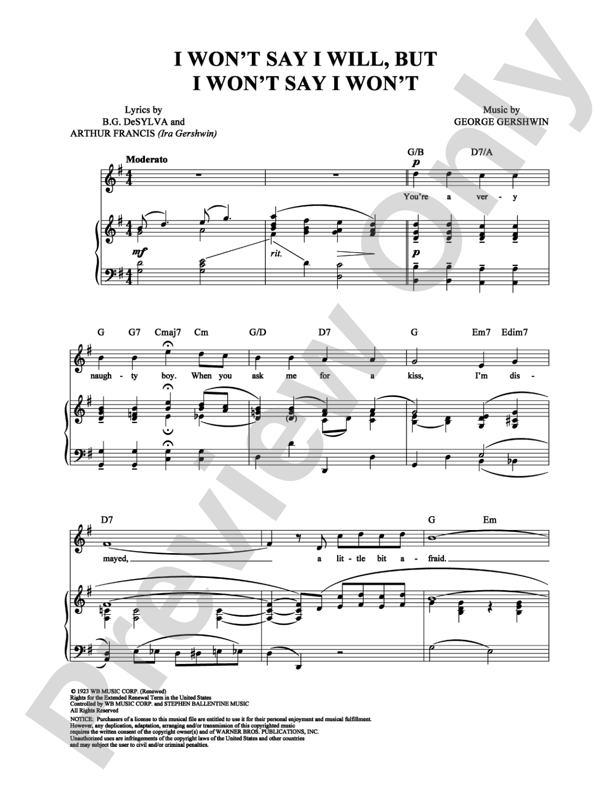 I Won't Say I Will, but I Won't Say I Won't: Piano/Vocal/Chords Digital Sheet Music