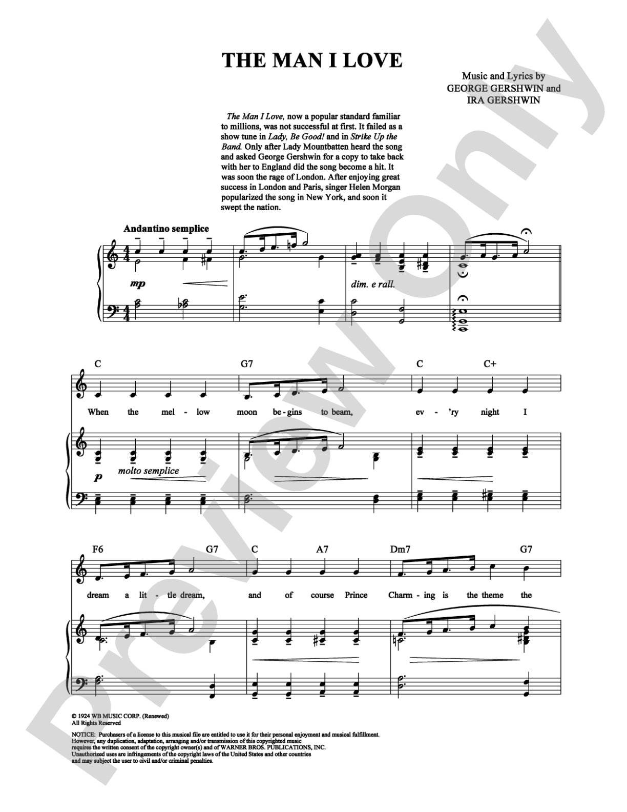 The Man I Love: Piano/Vocal/Chords Digital Sheet Music