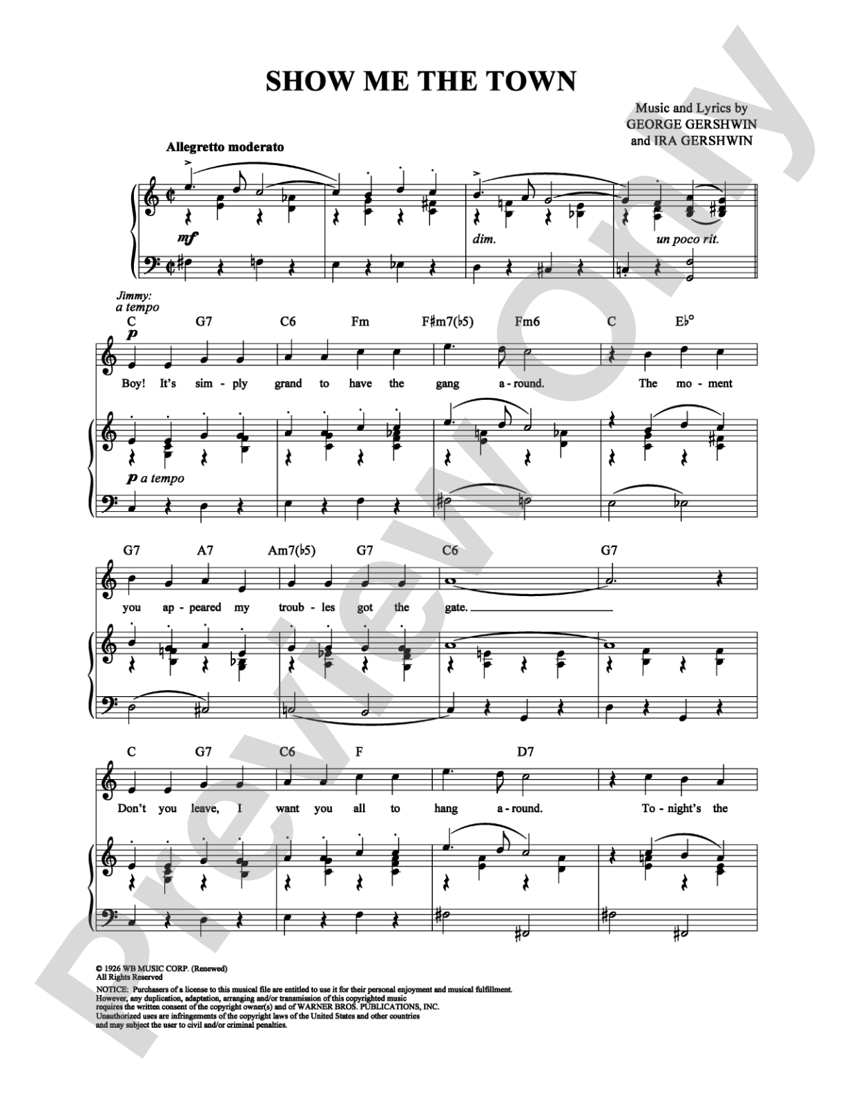 Show Me the Town: Piano/Vocal/Chords Digital Sheet Music