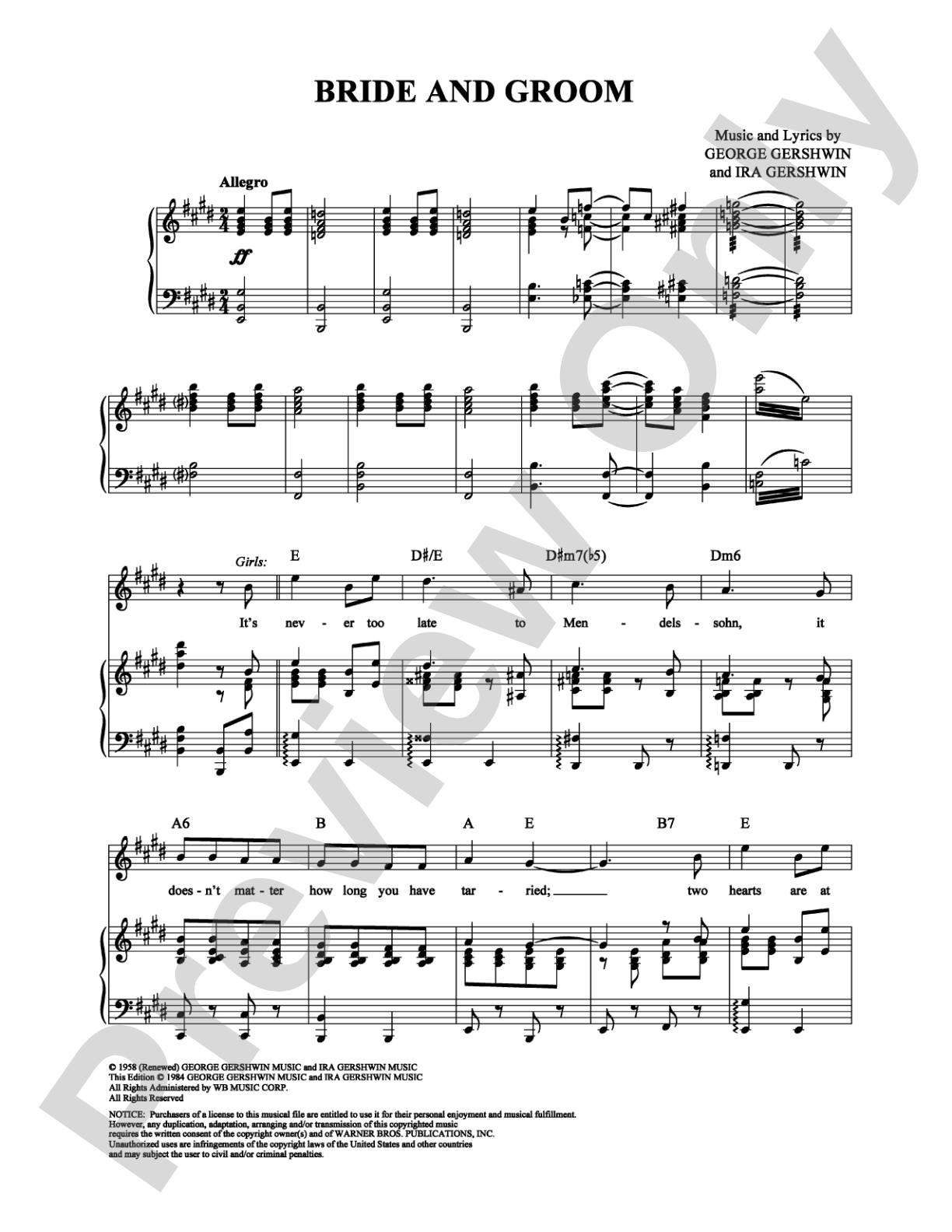 Bride and Groom: Piano/Vocal/Chords Digital Sheet Music