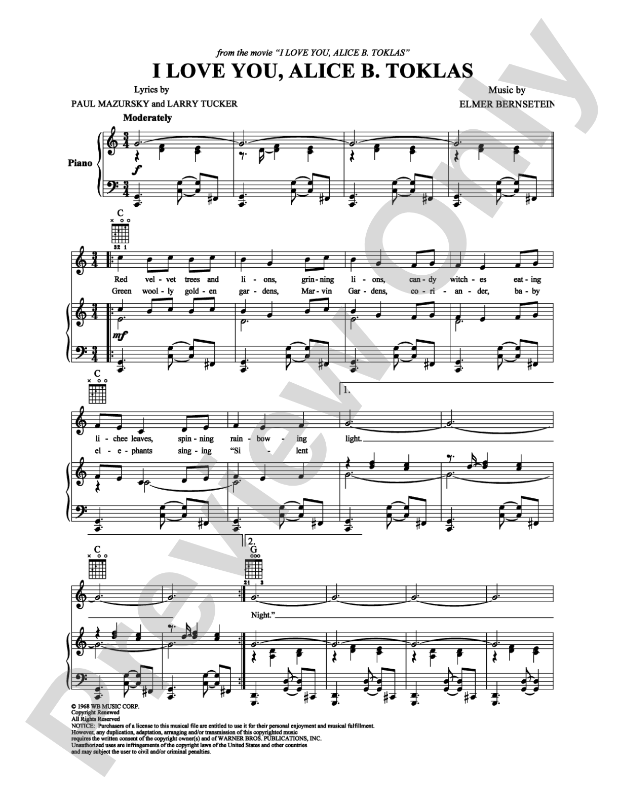I Love You, Alice B. Toklas: Piano/Vocal/Chords Digital Sheet Music