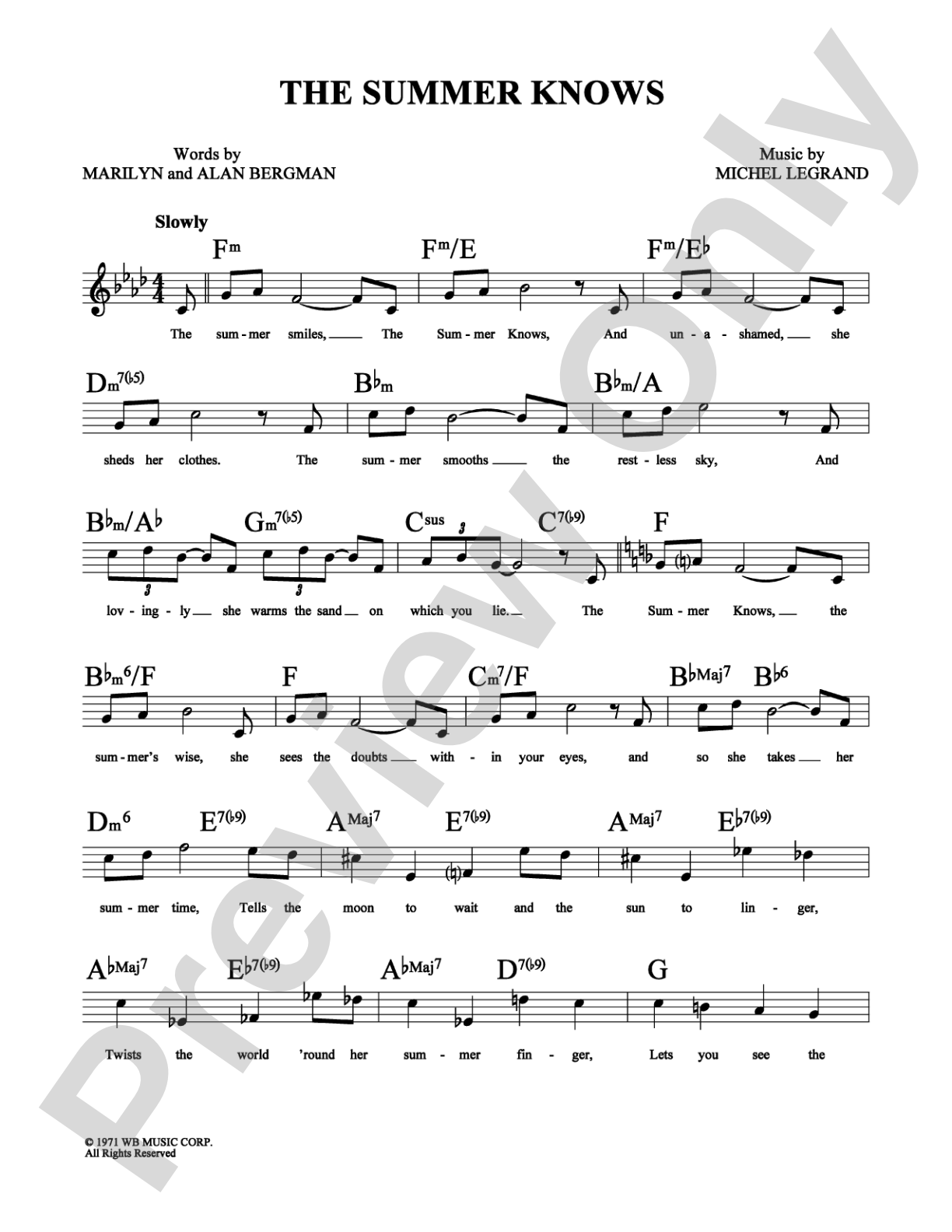 The Summer Knows: Lead Sheet Digital Sheet Music