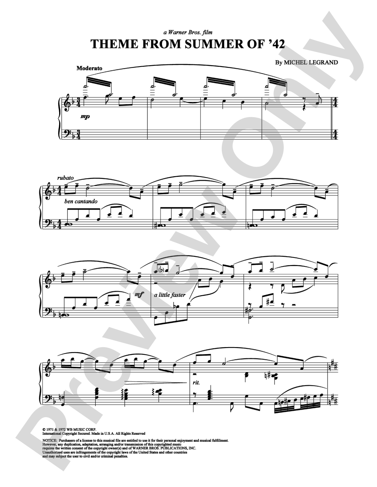 Theme from Summer of '42: Piano Digital Sheet Music