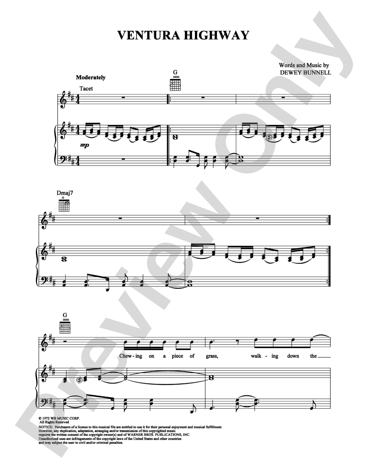 Ventura Highway: Piano/Vocal/Chords Digital Sheet Music