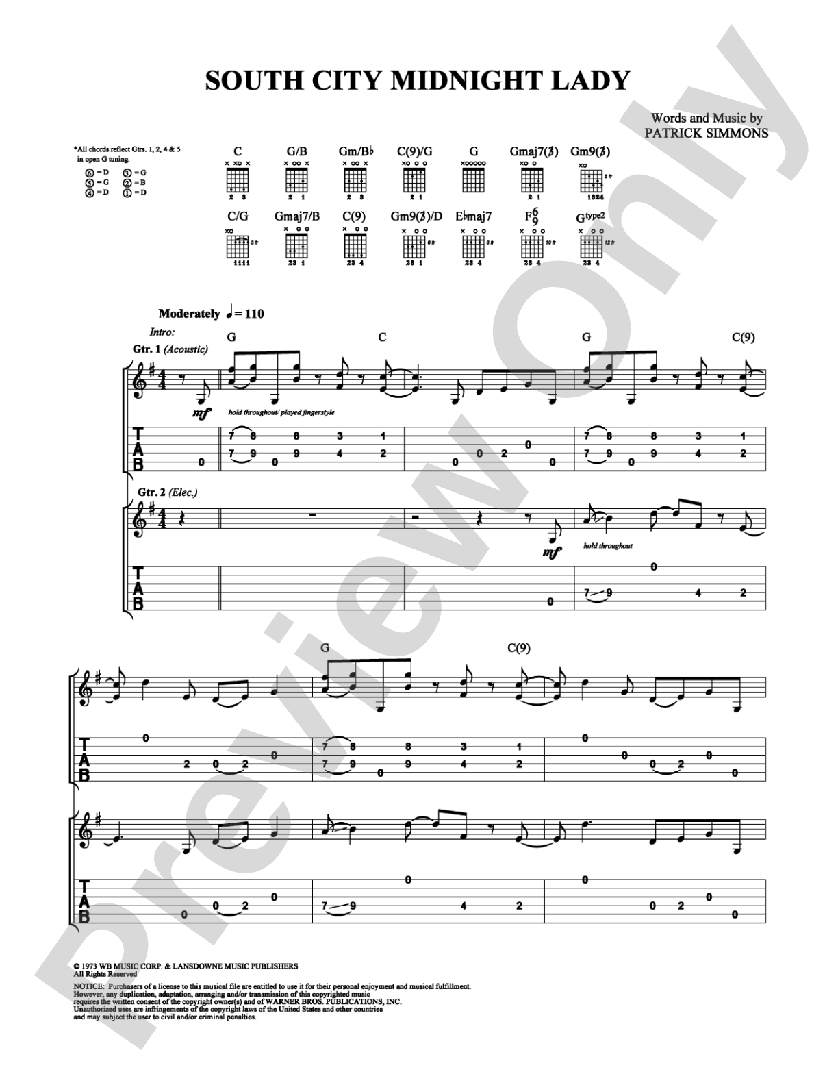 South City Midnight Lady: Guitar TAB Digital Sheet Music