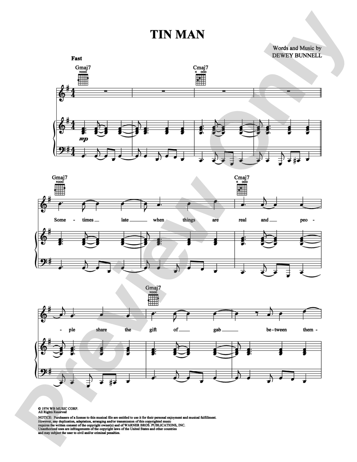 Tin Man: Piano/Vocal/Chords Digital Sheet Music