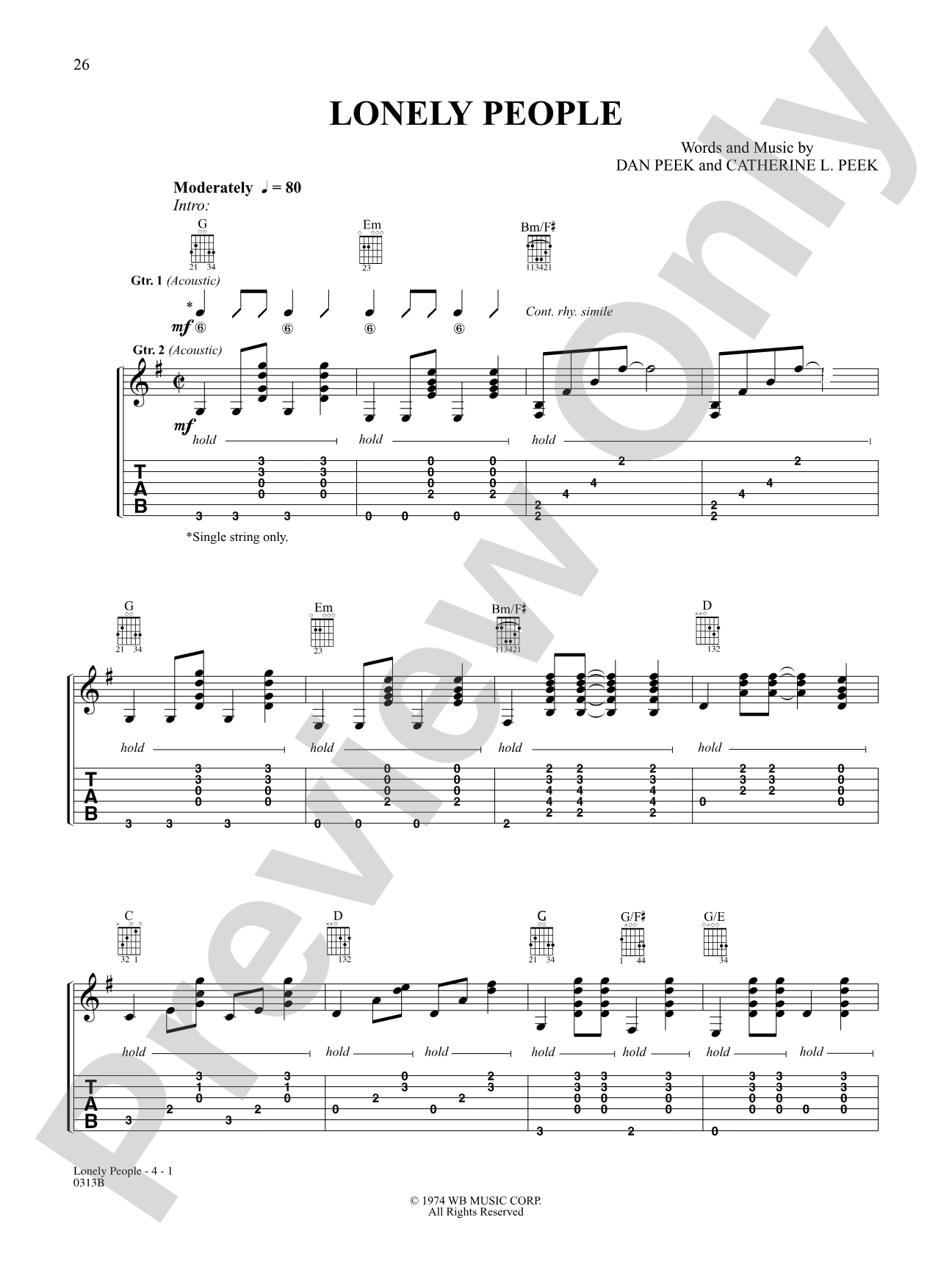 Lonely People: Authentic Guitar TAB