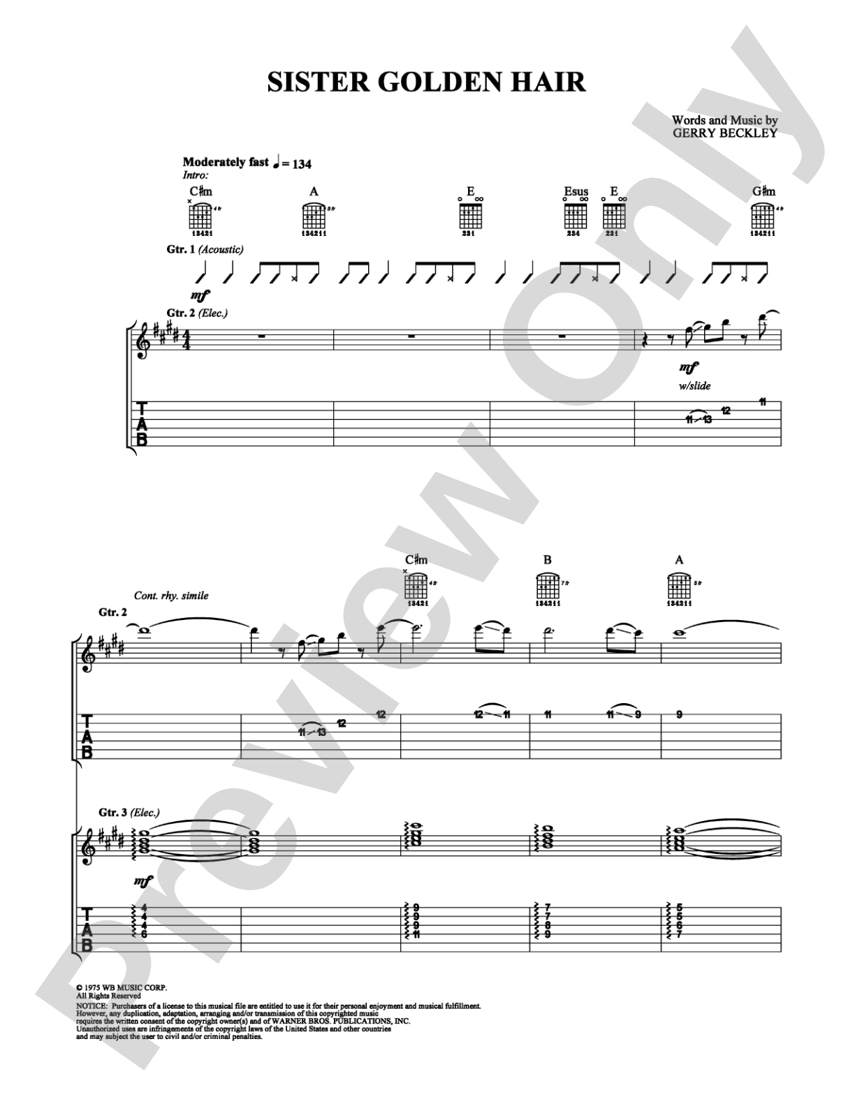 Sister Golden Hair: Guitar TAB Digital Sheet Music