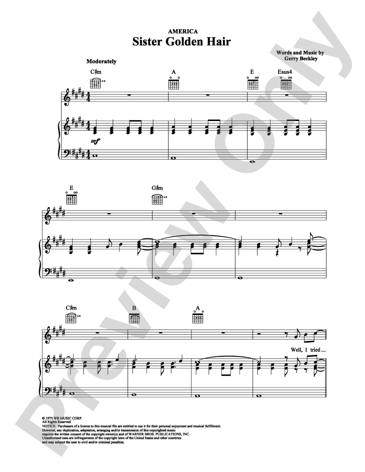 Sister Golden Hair: Piano/Vocal/Chords Digital Sheet Music