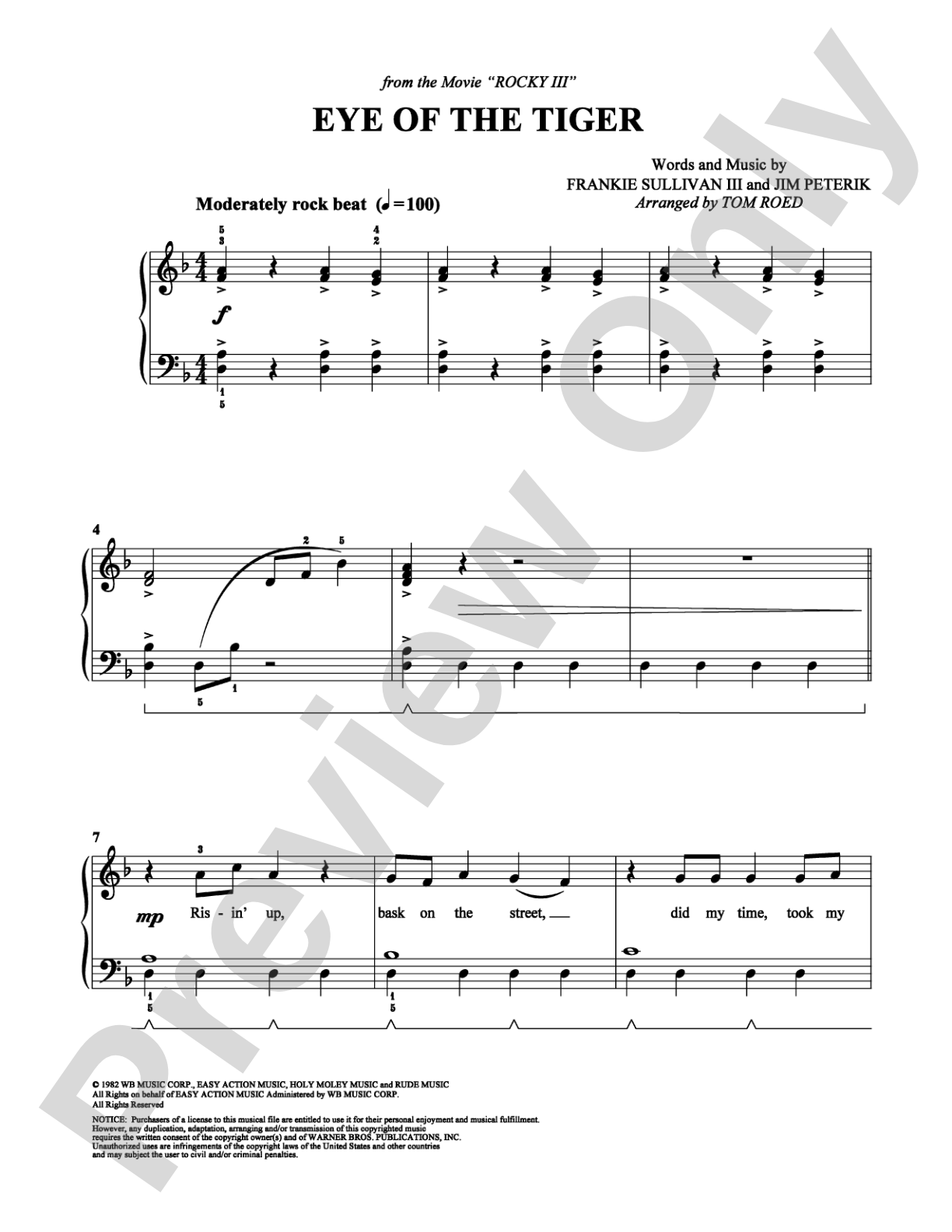 Eye of the Tiger: Easy Piano Digital Sheet Music