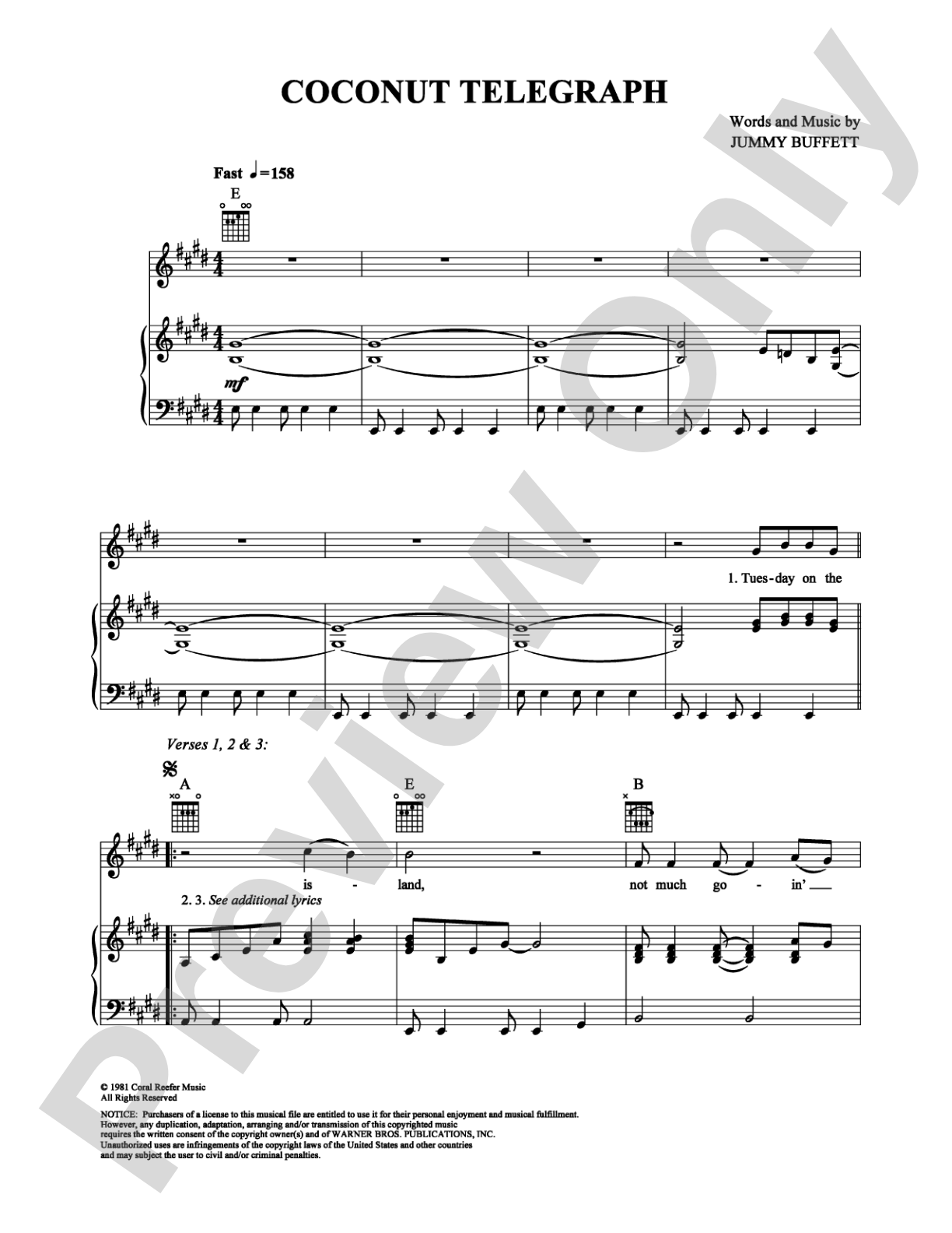 Coconut Telegraph: Piano/Vocal/Chords Digital Sheet Music