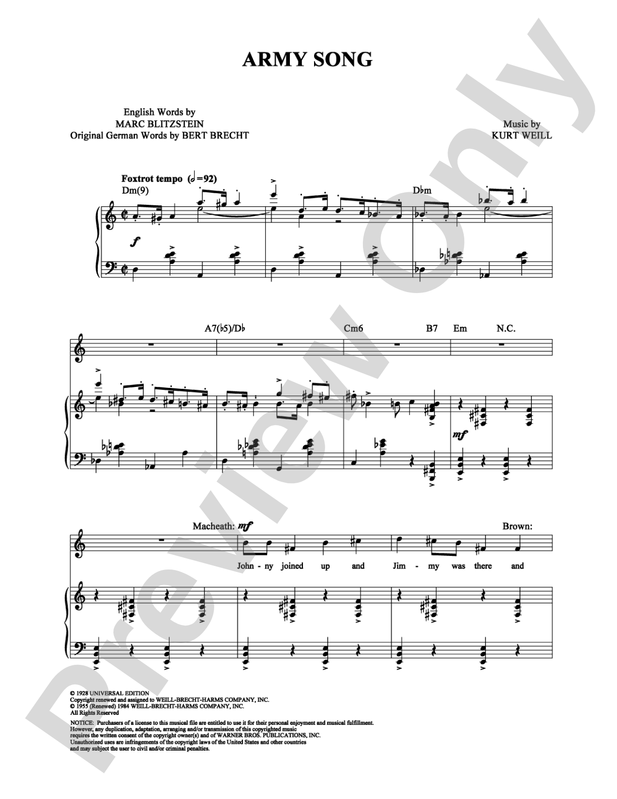 Army Song: Piano/Vocal/Chords Digital Sheet Music
